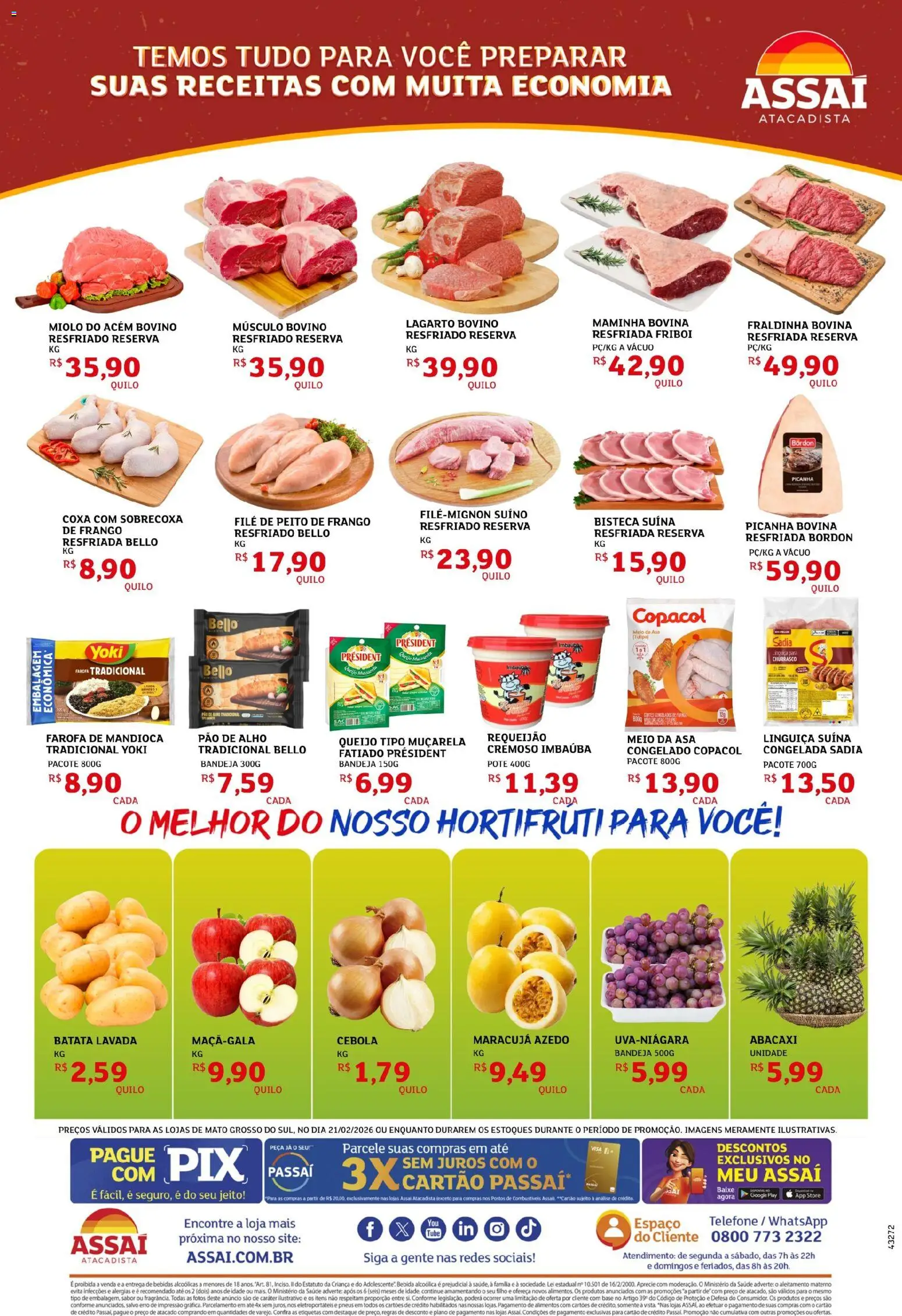 Assaí Atacadista Folheto - válido de 21.02.2026 | Página: 2 | Produtos: Mandioca, Maminha, Muçarela, Telefone