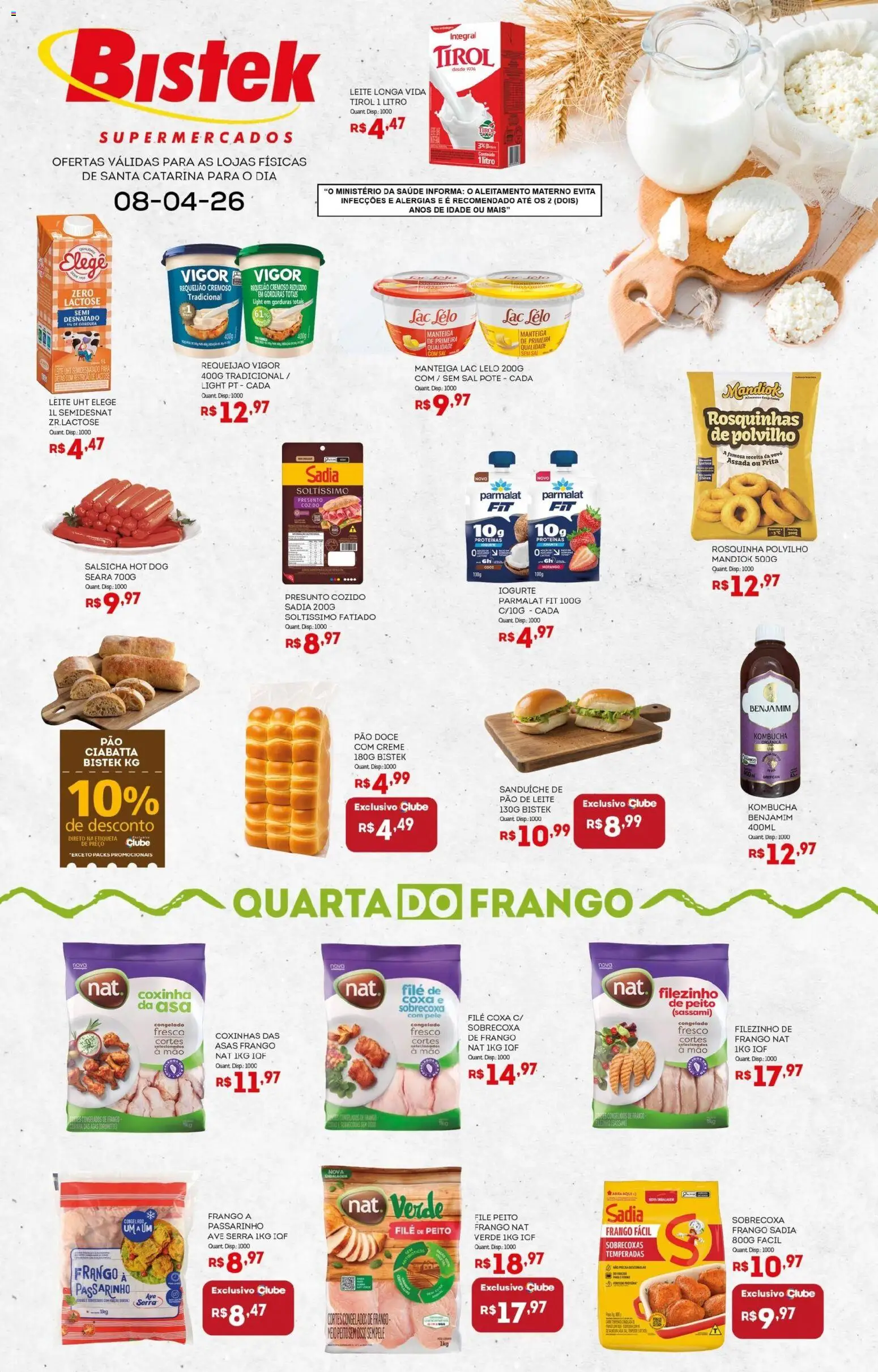 Bistek Supermercados Folheto - válido de 08.04.2026 | Página: 1 | Produtos: Salsicha, Manteiga, Iogurte, Requeijão