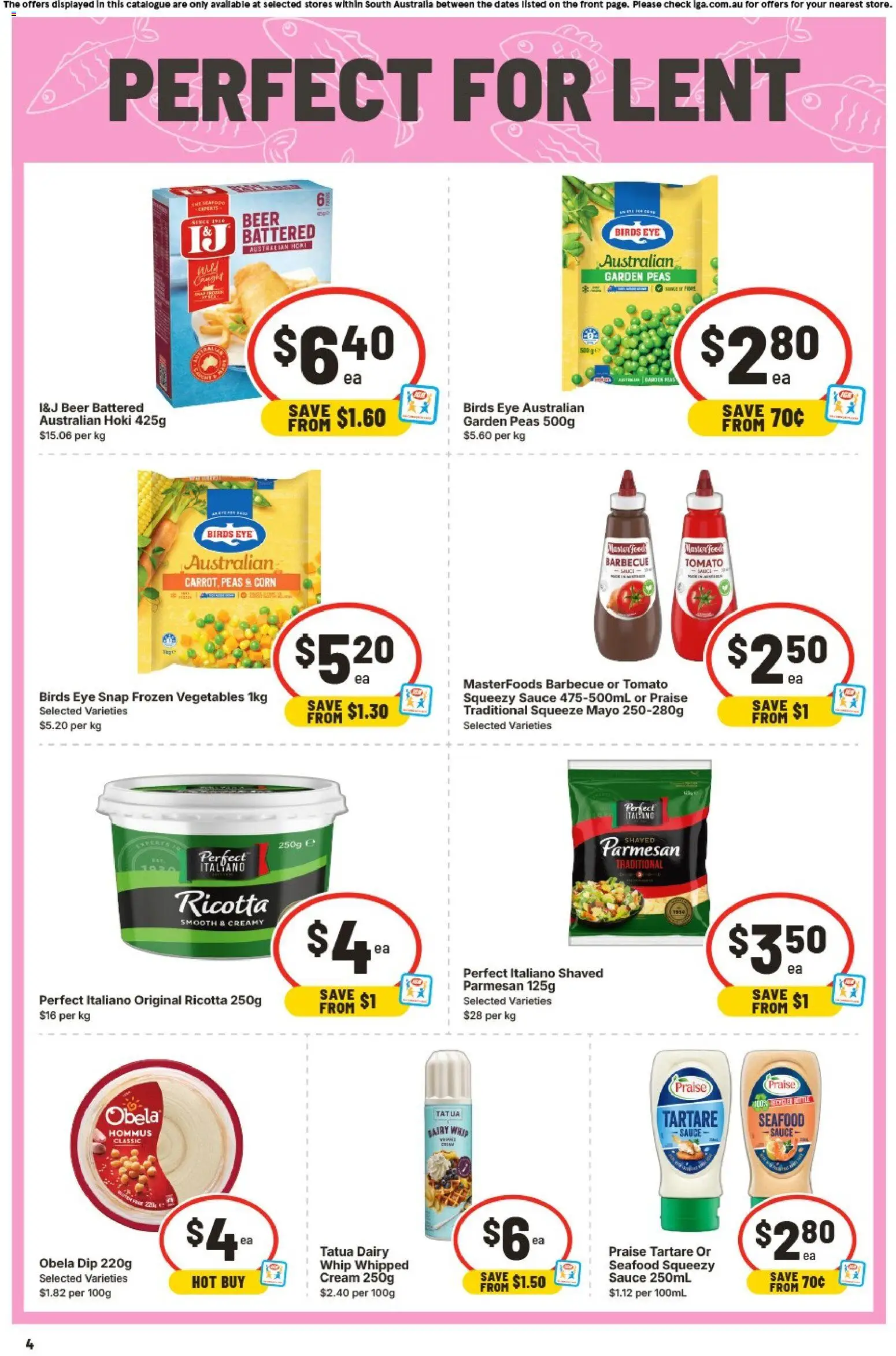 IGA catalogue - valid from 01.04.2026 | Page: 4 | Products: Dairy, Beer, Cream, Seafood