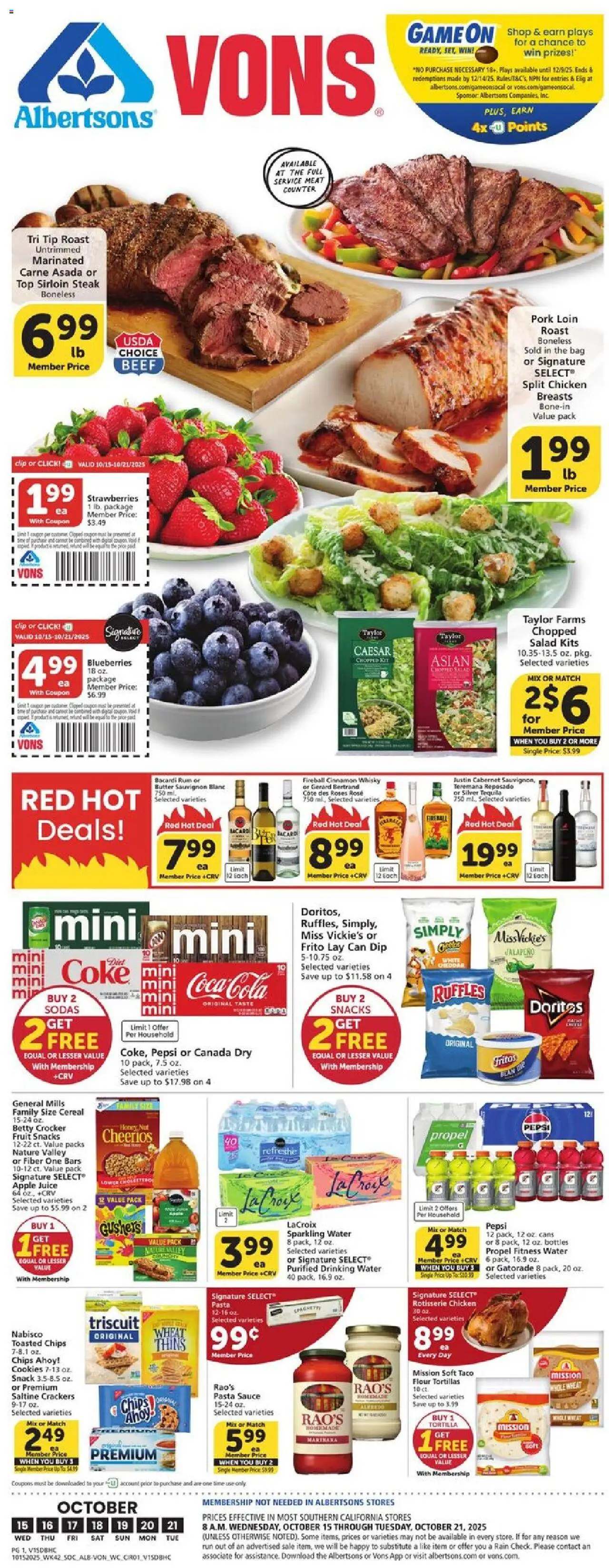 Vons Weekly Ad - SoCal - valid from 15.10.2025 | Page: 1 | Products: Juice, Pasta, Cookies, Blueberries