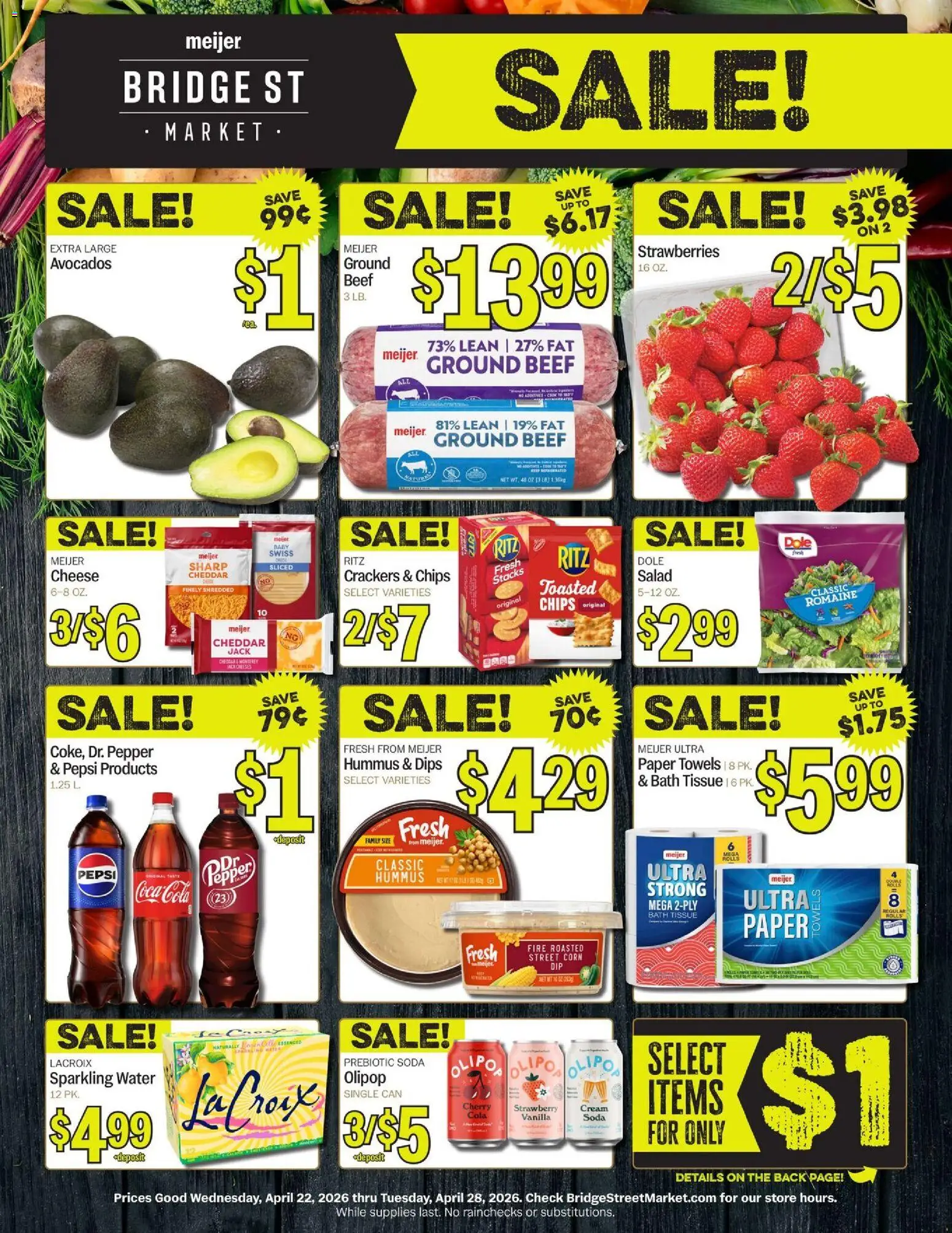Meijer Bridge Street Market - valid from 22.04.2026 | Page: 1 | Products: Corn, Strawberries, Cream, Salad