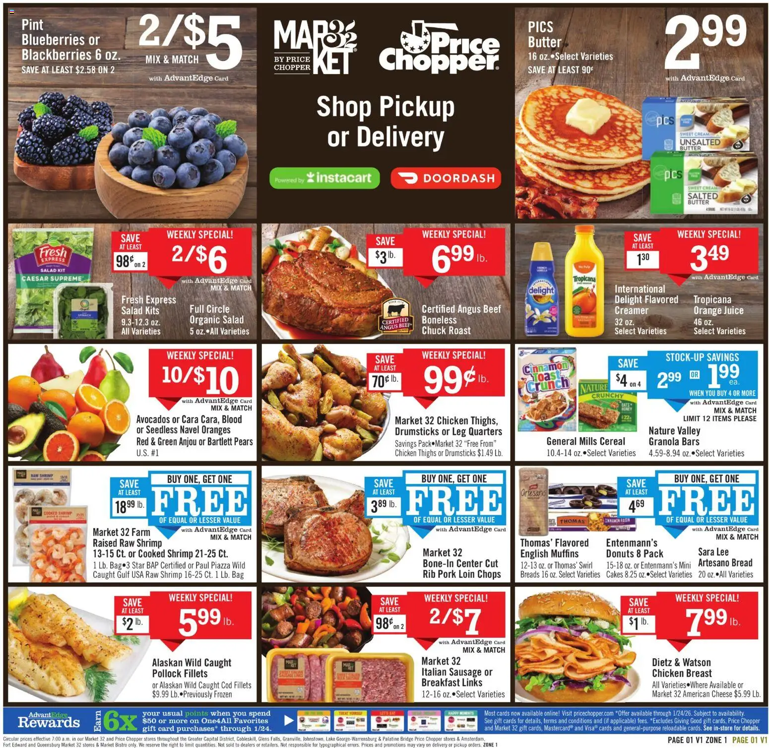 Price Chopper Weekly Ad - valid from 11.01.2026 | Page: 1 | Products: Butter, Oranges, Cream, Sausage