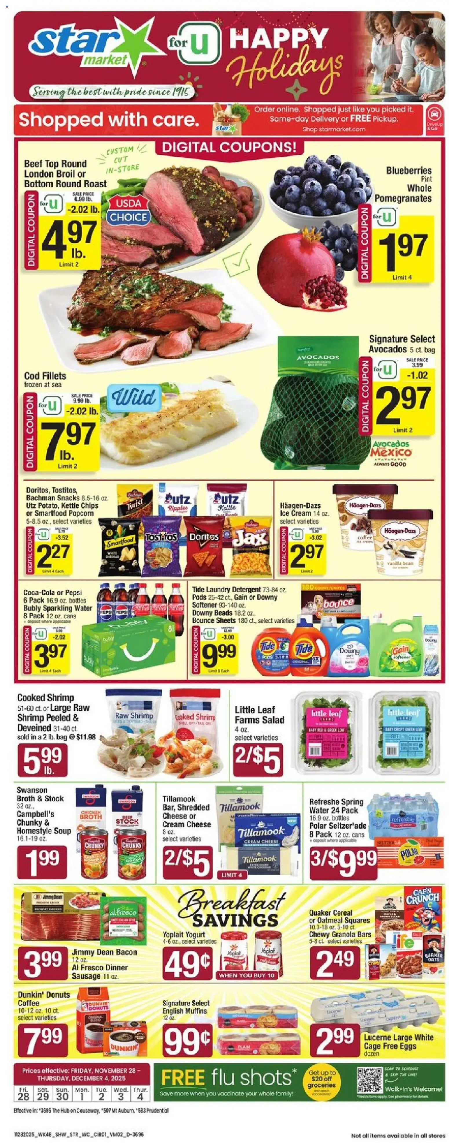 Star Market Weekly Ad - MA - valid from 28.11.2025 | Page: 1 | Products: Cheese, Yogurt, Coffee, Beef