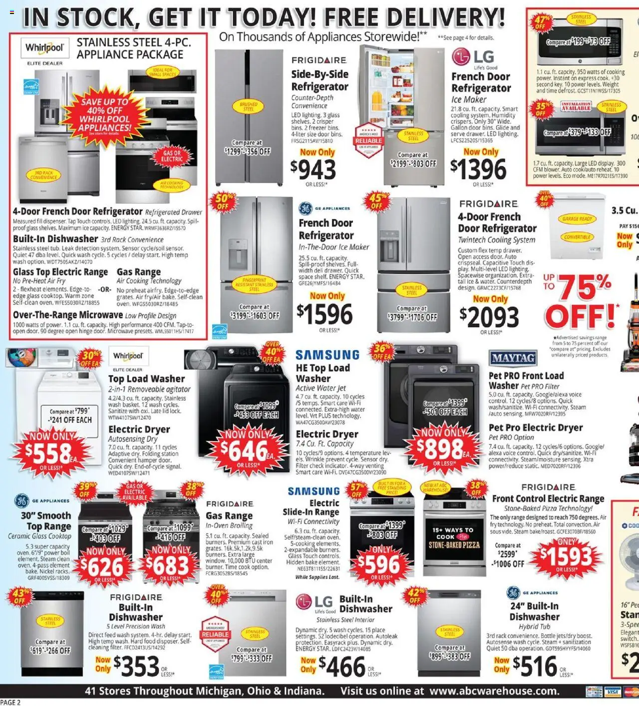 ABC Warehouse Weekly Ad - valid from 05.10.2025 | Page: 2 | Products: Pizza, Microwave, Refrigerator, Iron