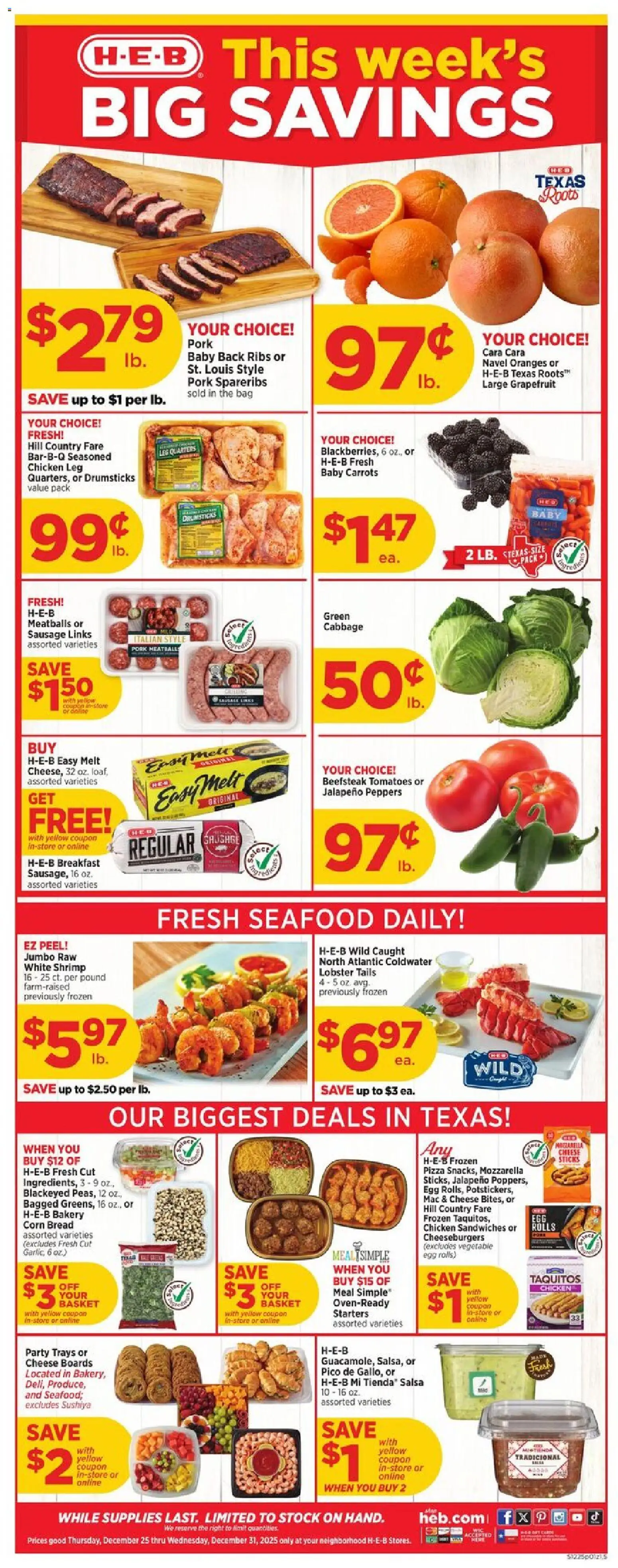 H-E-B Weekly Ad - valid from 25.12.2025 | Page: 1 | Products: Bread, Pizza, Sausage, Bag