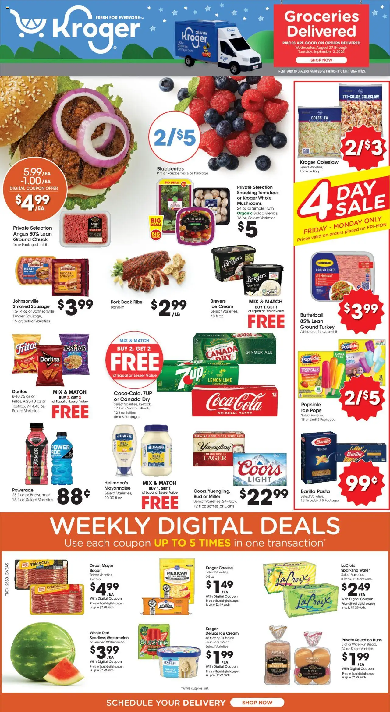 Kroger Weekly Ad - valid from 27.08.2025 | Page: 1 | Products: Pan, Cheese, Sausage, Blueberries
