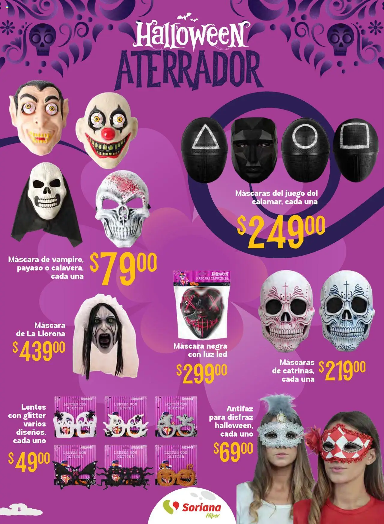Nuevas ofertas de Soriana válidas en toda la República Mexicana desde el 16.10.2025. ¡Encuentra las mejores ofertas en Soriana - Halloween y Día de muertos Híper Nacional! | Página: 5 | Productos: Lentes, Glitter, Juego, Antifaz