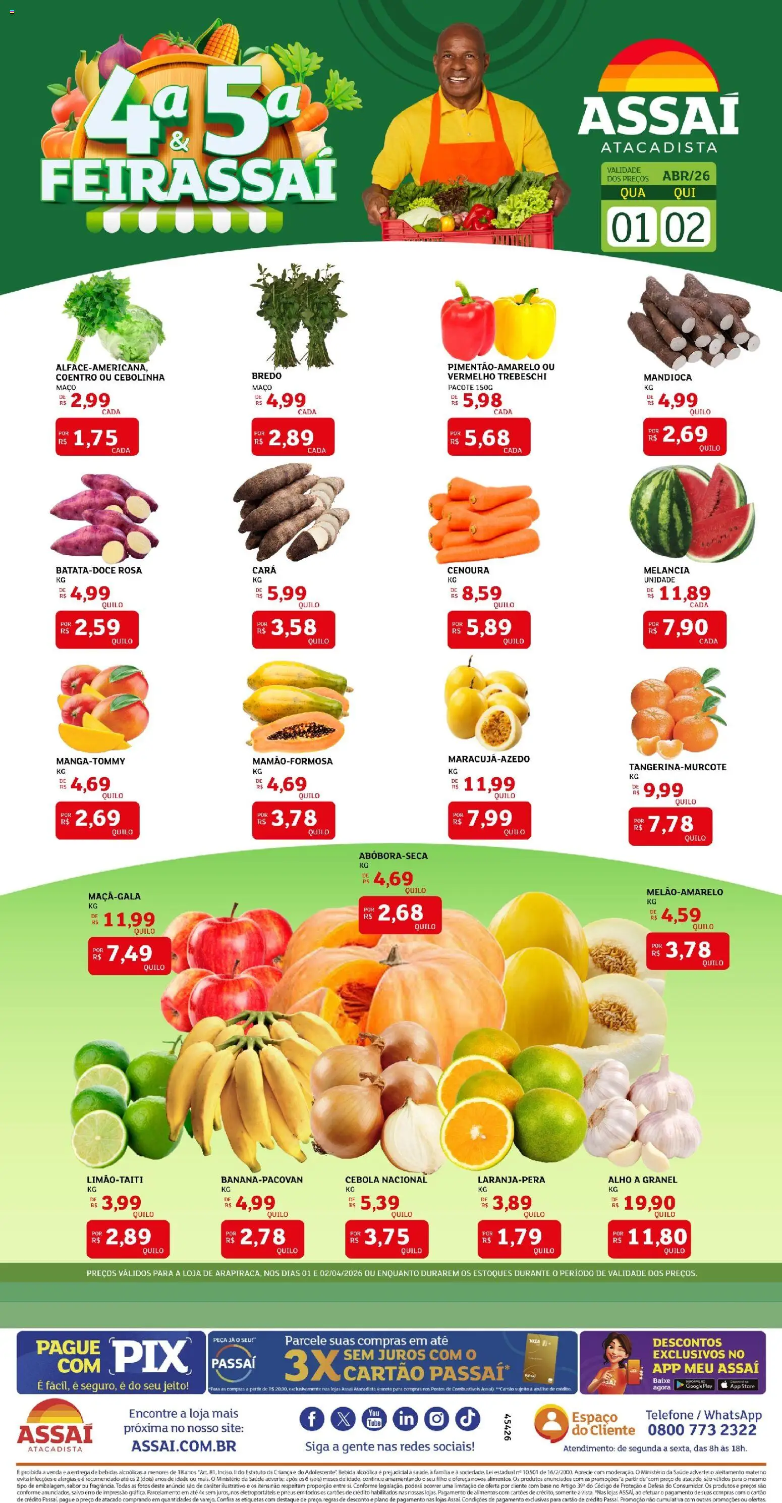 Assaí Atacadista Folheto - válido de 02.04.2026 | Página: 1 | Produtos: Melancia, Mandioca, Cenoura, Bebida