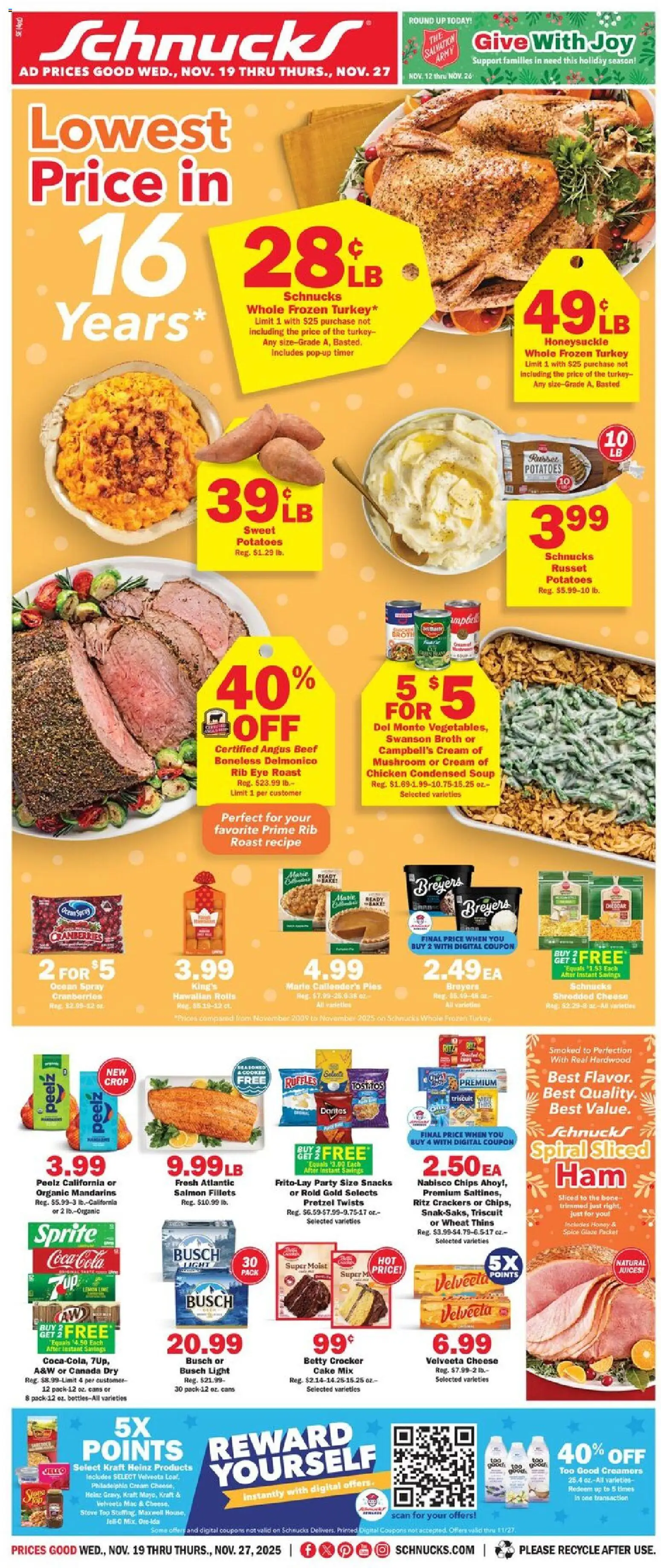 Schnucks Weekly Print Ad - IN - valid from 19.11.2025 | Page: 1 | Products: Cheese, Cream, Potatoes, Stove