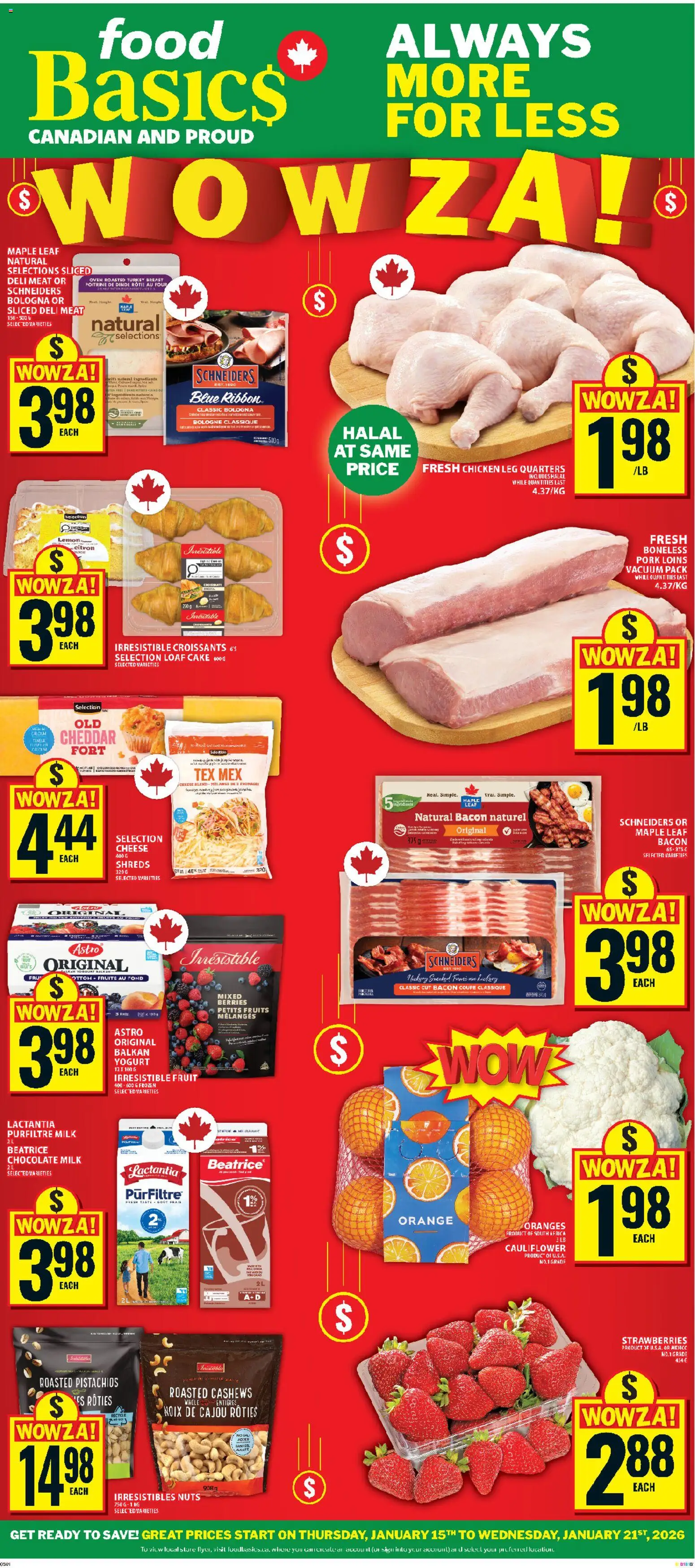 Food Basics flyer valid from 15.01.2026 | Page: 1 | Products: Oven, Milk, Yogurt, Pork