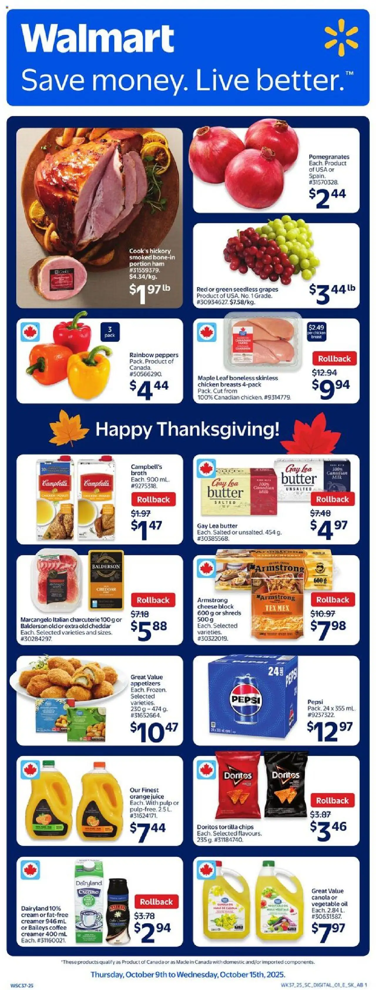 Walmart flyer valid from 09.10.2025 | Page: 1 | Products: Butter, Cheese, Oil, Ham