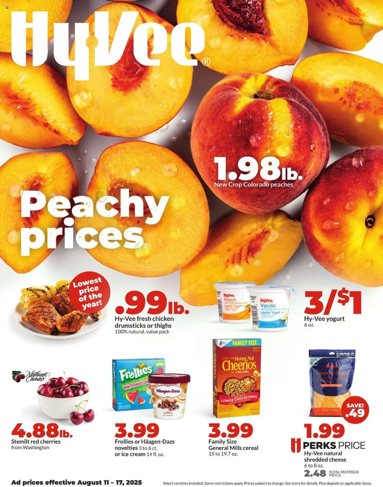 HyVee Weekly Ad - valid from 11.08.2025 | Page: 1 | Products: Peaches, Cream, Ice cream, Watermelon