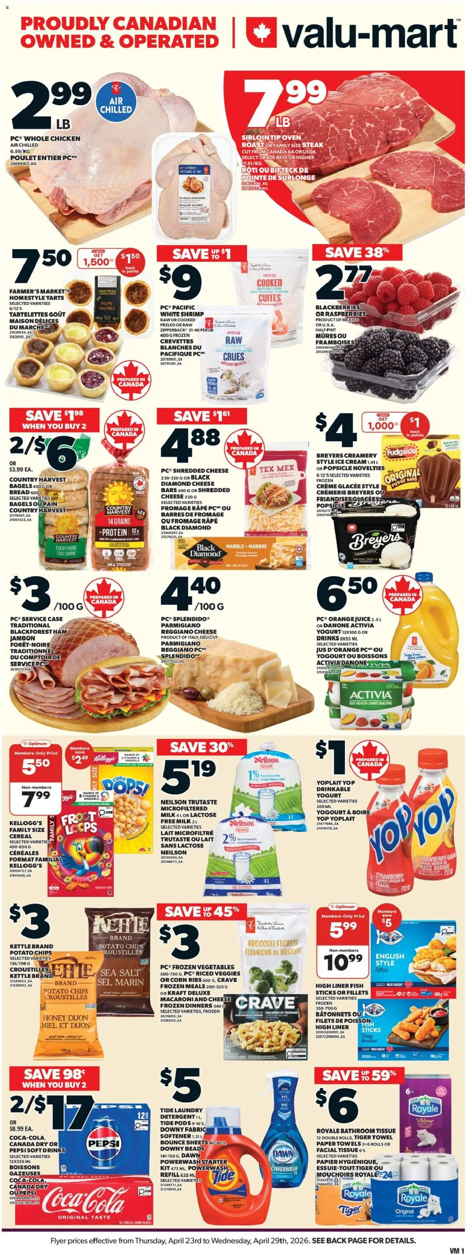 Valu Mart flyer valid from 23.04.2026 | Page: 1 | Products: Fish, Beef, Ice cream, Juice