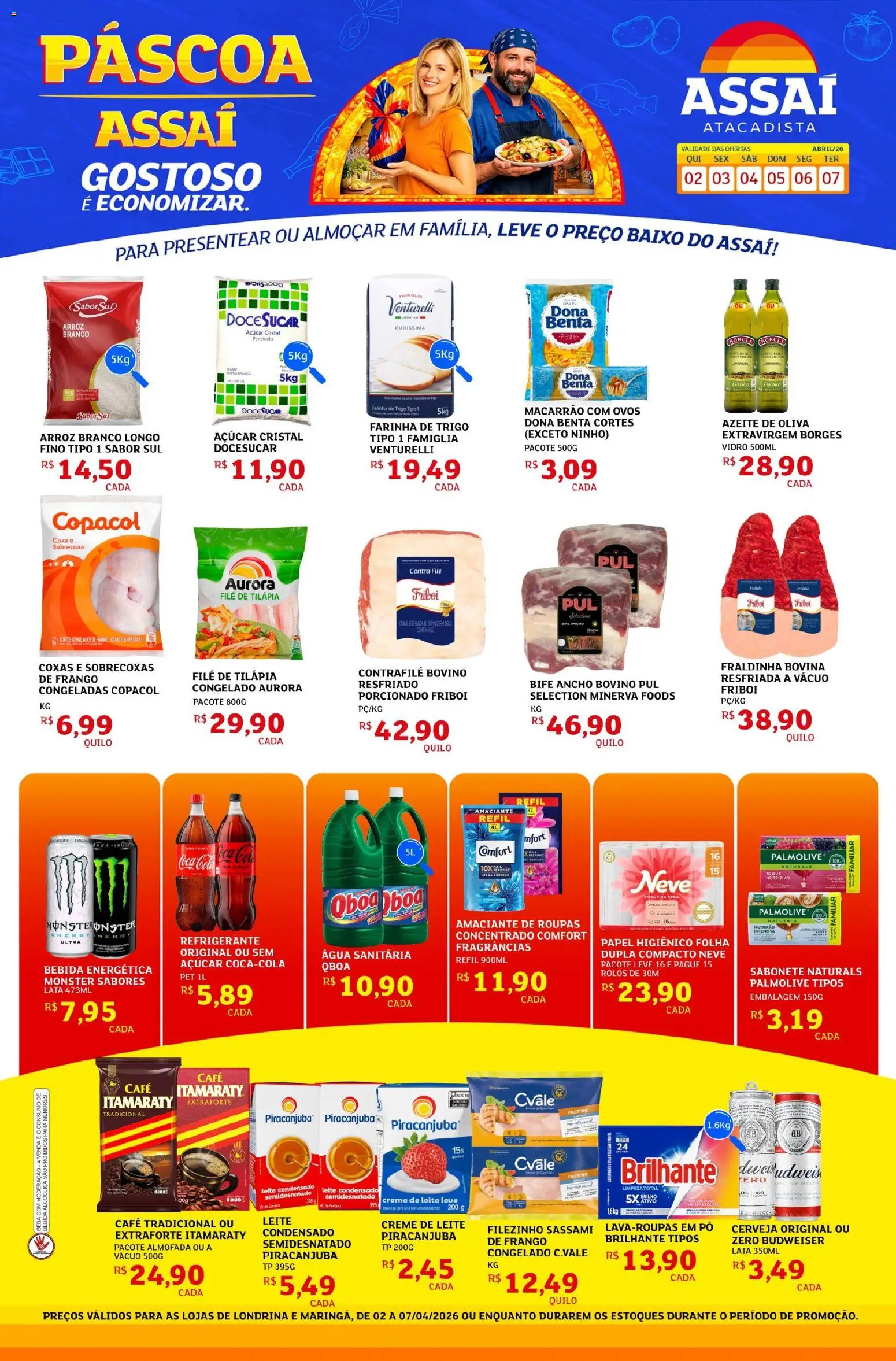 Assaí Atacadista Folheto - válido de 02.04.2026 | Página: 1 | Produtos: Cola, Baixo, Açúcar, Água sanitária