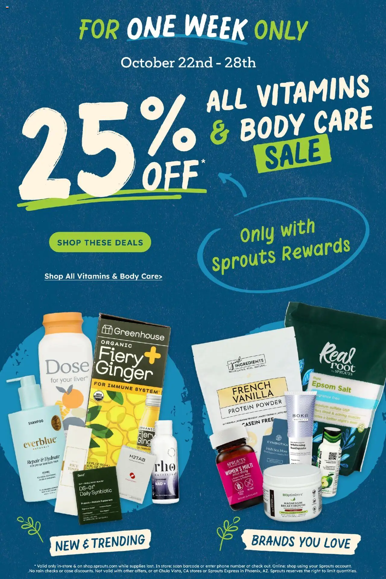 Sprouts Weekly Ad - valid from 22.10.2025 | Page: 5 | Products: Protein Powder, Ginger, Epsom Salt, Case