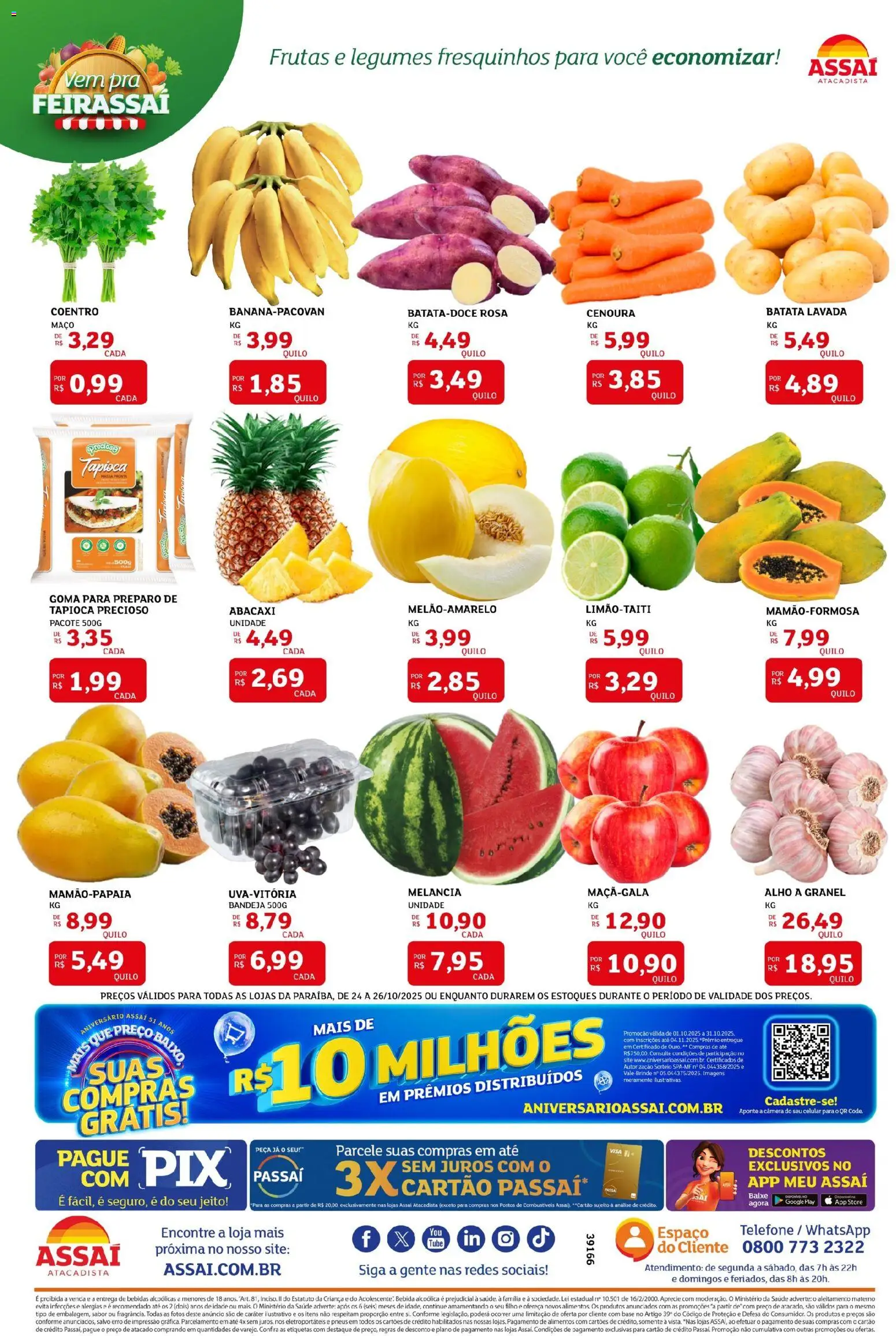 Assaí Atacadista Folheto - válido de 24.10.2025 | Página: 3 | Produtos: Melancia, Tapioca, Base, Abacaxi