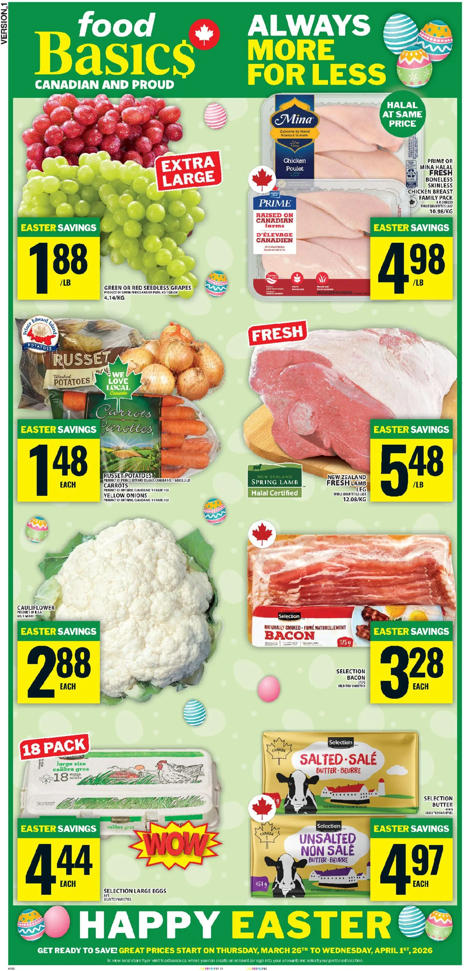 Food Basics flyer valid from 26.03.2026 | Page: 1 | Products: Potatoes, Butter, Eggs, Chicken