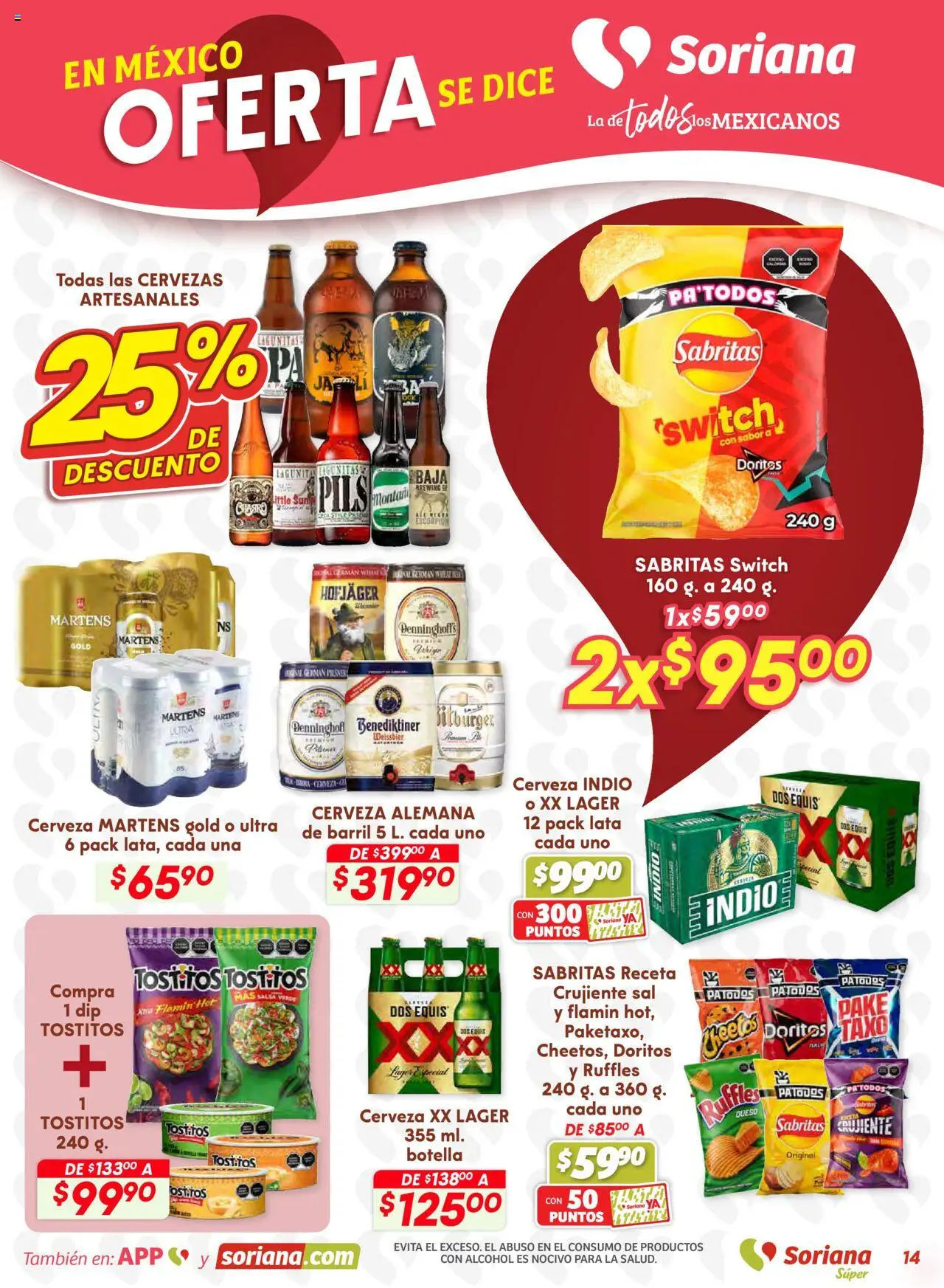Nuevas ofertas de Soriana válidas en toda la República Mexicana desde el 25.09.2025. ¡Encuentra las mejores ofertas en Soriana - Preciazazaso Súper: Valle de México! | Página: 14 | Productos: Sal, Queso, Cerveza, Botella