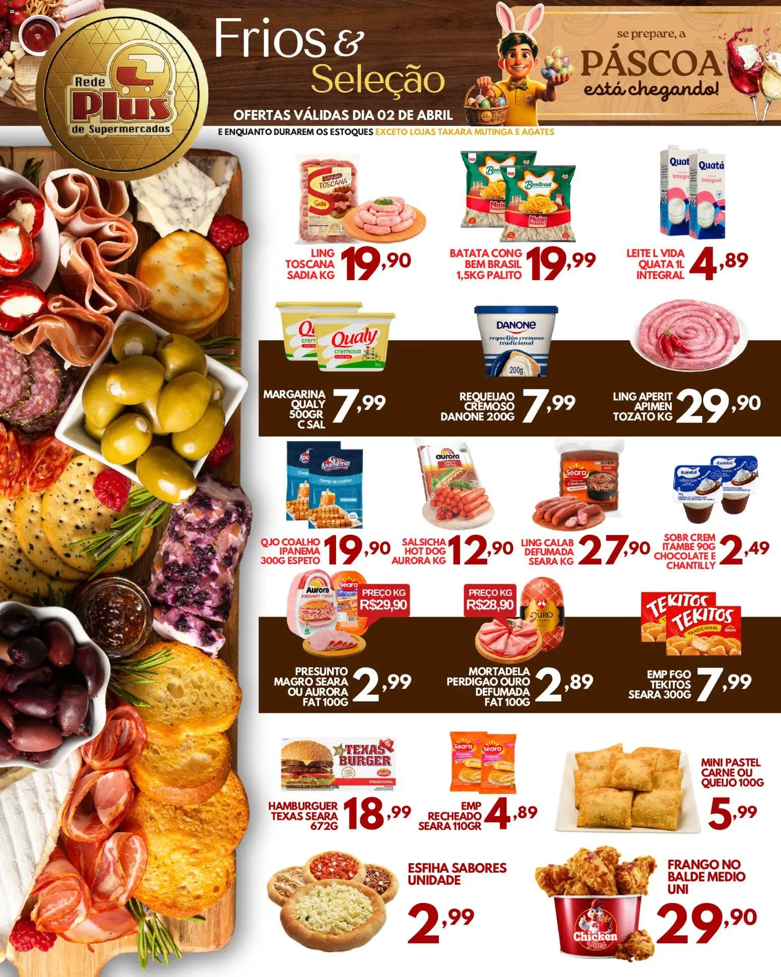 Rede Plus Supermercados Folheto - válido de 01.04.2026 | Página: 3 | Produtos: Salsicha, Queijo, Chocolate, Hambúrguer