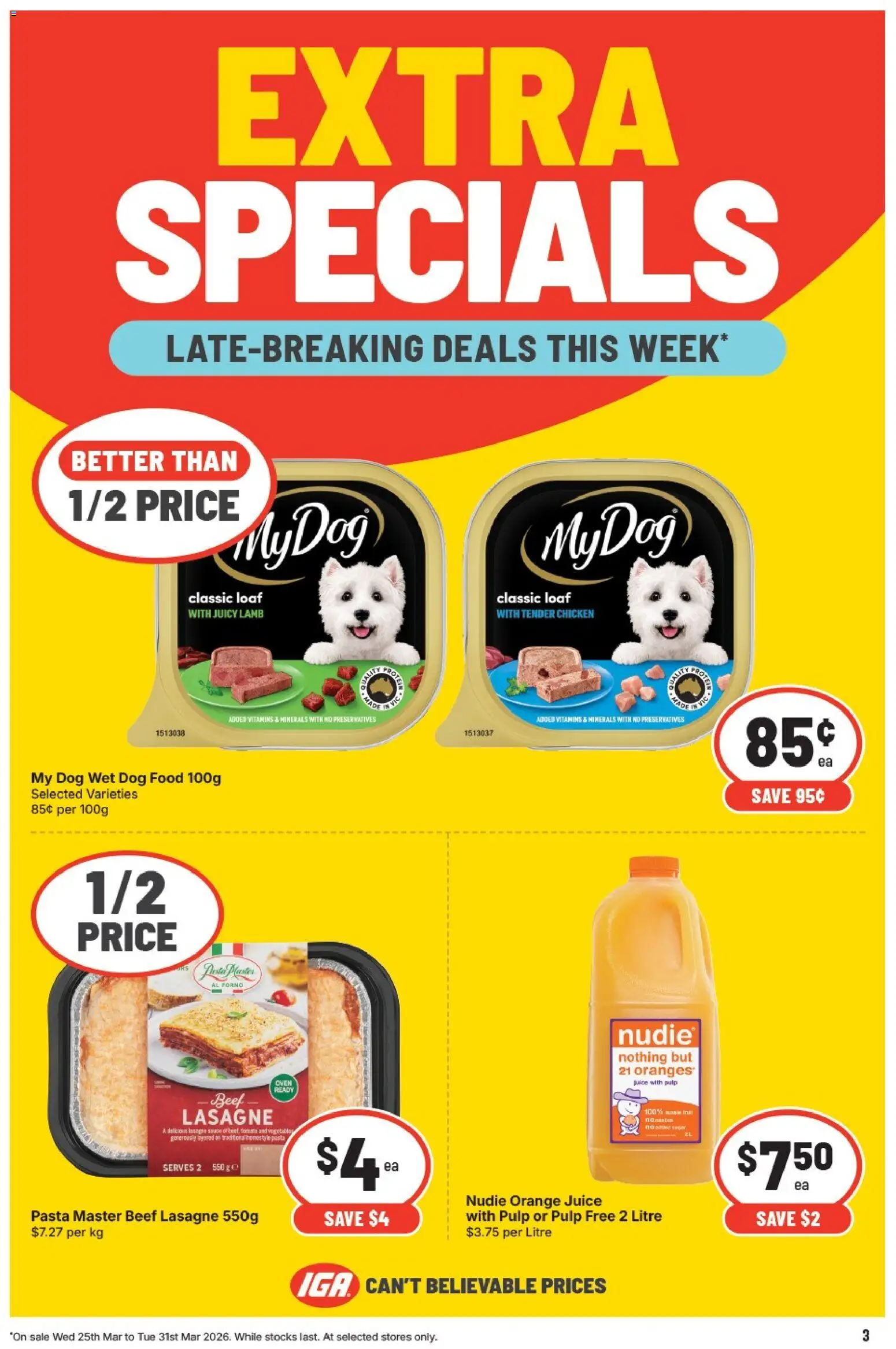 IGA catalogue - valid from 25.03.2026 | Page: 4 | Products: Chicken, Oranges, Dog food, Vegetables