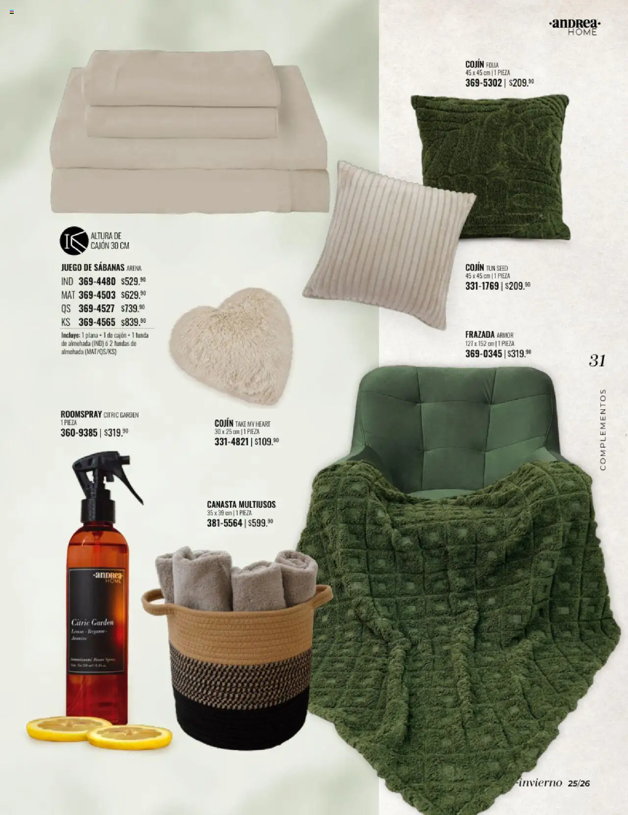 Nuevas ofertas de Andrea válidas en toda la República Mexicana desde el 24.08.2025. ¡Encuentra las mejores ofertas en Andrea - Catálogo Home - Otoño / Invierno! | Página: 31 | Productos: Juego, Almohada, Sabanas, Canasta