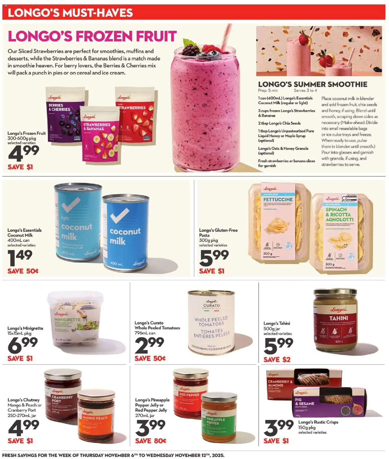 Longo's flyer valid from 06.11.2025 | Page: 11 | Products: Glasses, Milk, Tomatoes, Bananas