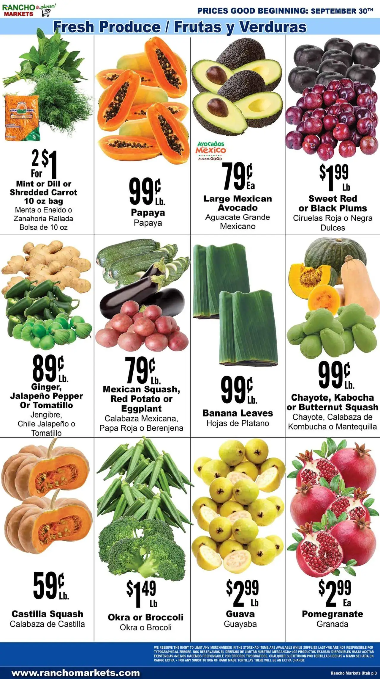 Rancho Markets Weekly Ad - valid from 30.09.2025 | Page: 3 | Products: Squash, Carrot, Avocado, Pepper