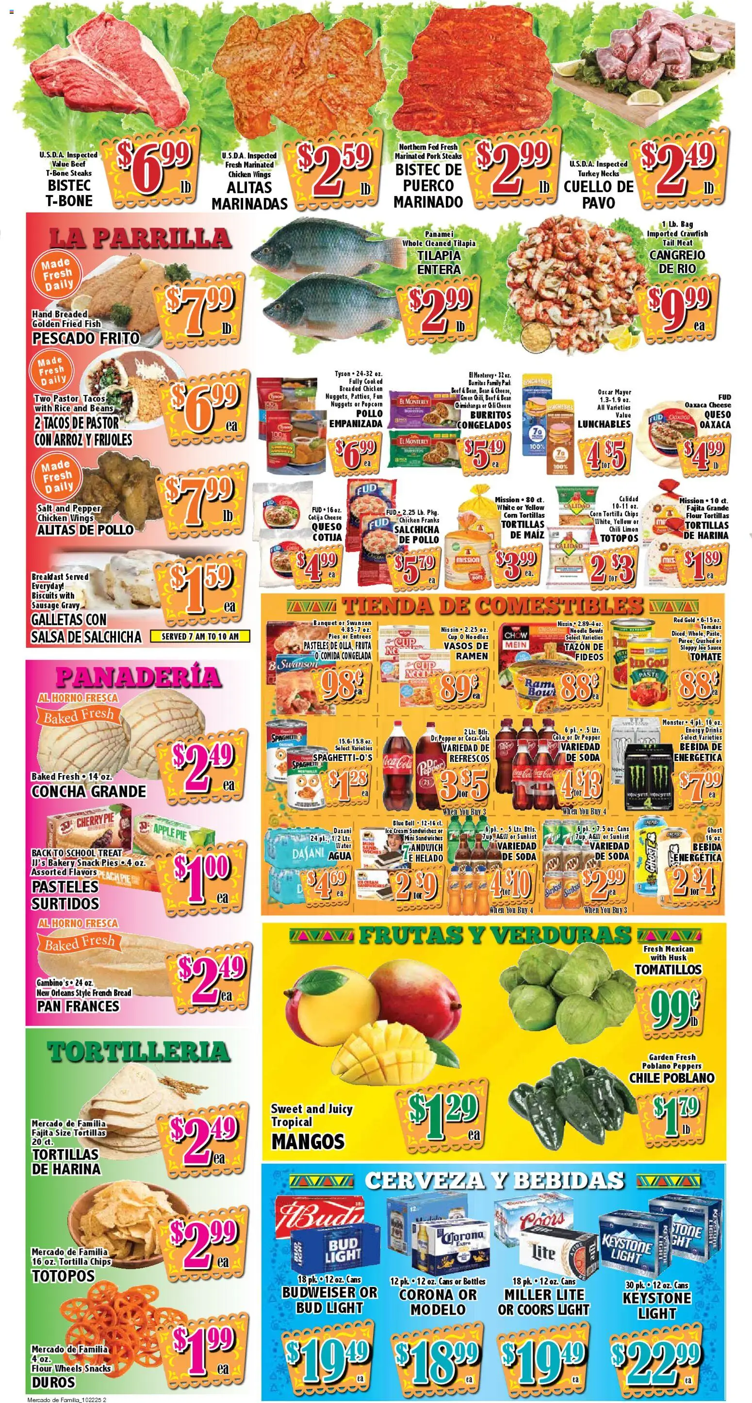Market Basket - Mercado - valid from 22.10.2025 | Page: 2 | Products: Pork, Noodles, Sauce, Peach Pie