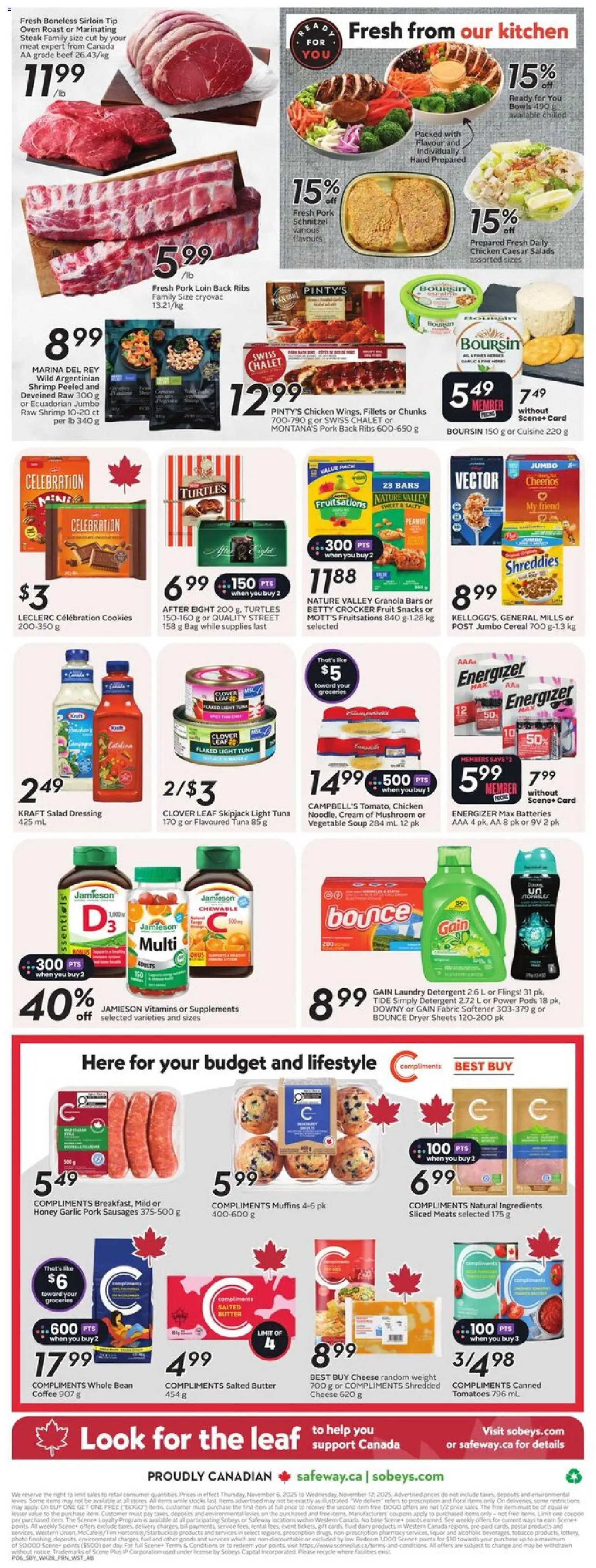 Sobeys flyer valid from 06.11.2025 | Page: 4 | Products: Cookies, Dryer, Chicken, Pork