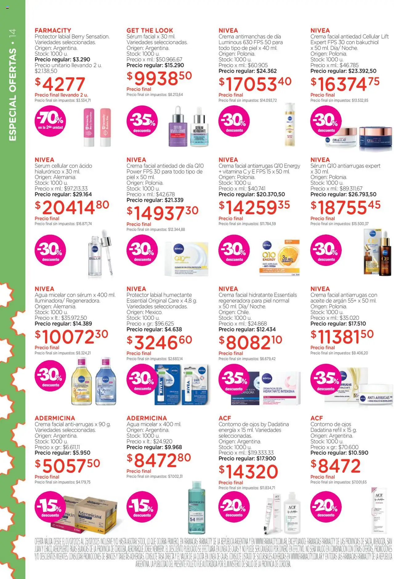 Farmacity catálogo │ válido desde el 01.07.2025 | Página: 14 | Productos: Serum, Contorno, Agua, Crema
