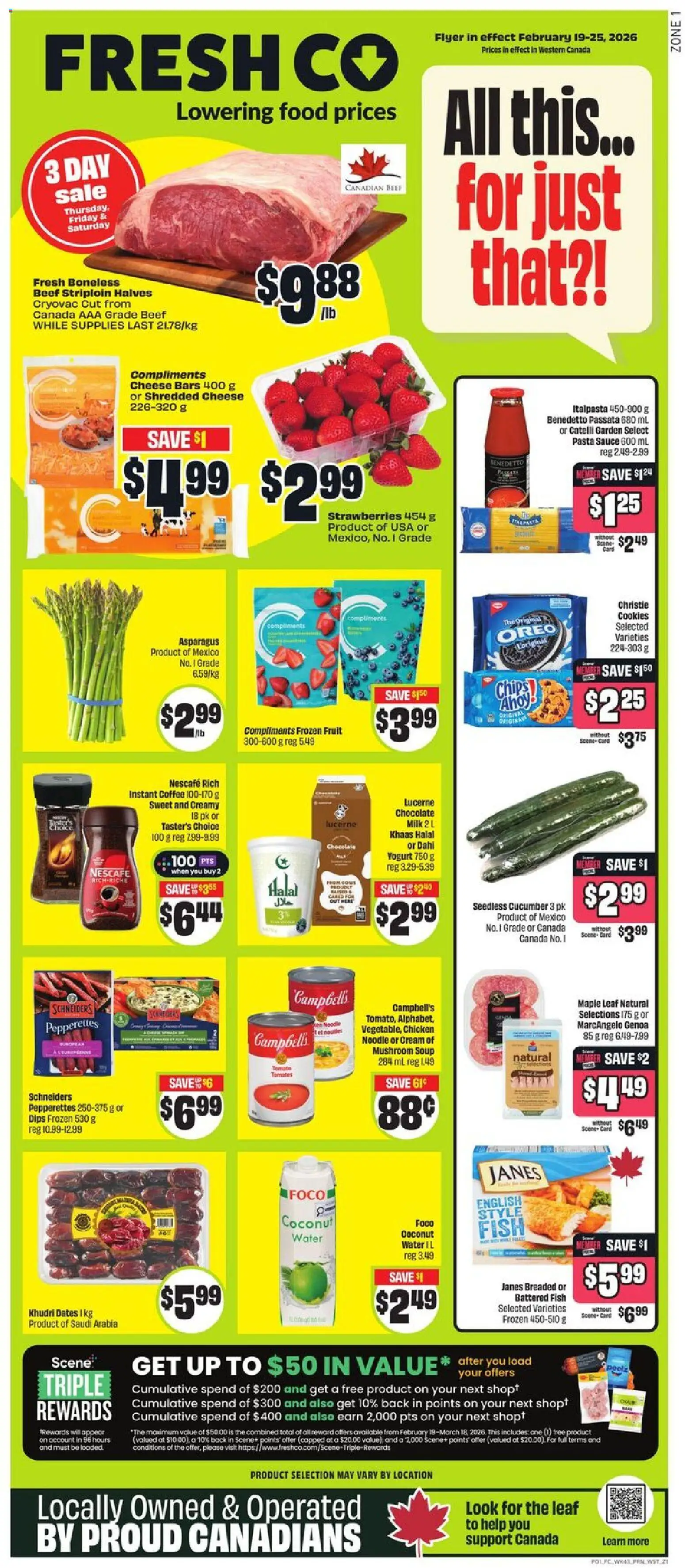 FreshCo flyer valid from 19.02.2026 | Page: 1 | Products: Beef, Cookies, Yogurt, Chocolate