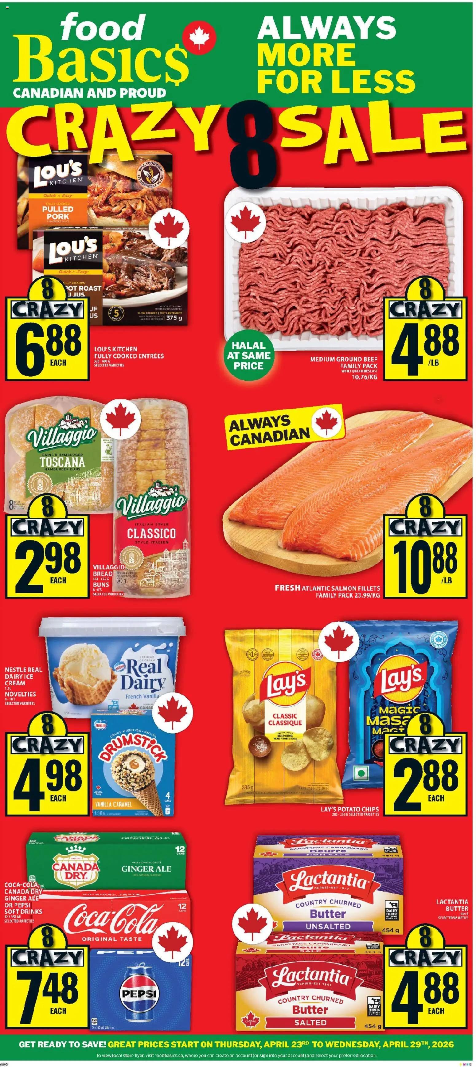 Food Basics flyer valid from 23.04.2026 | Page: 1 | Products: Chips, Cream, Butter, Bread