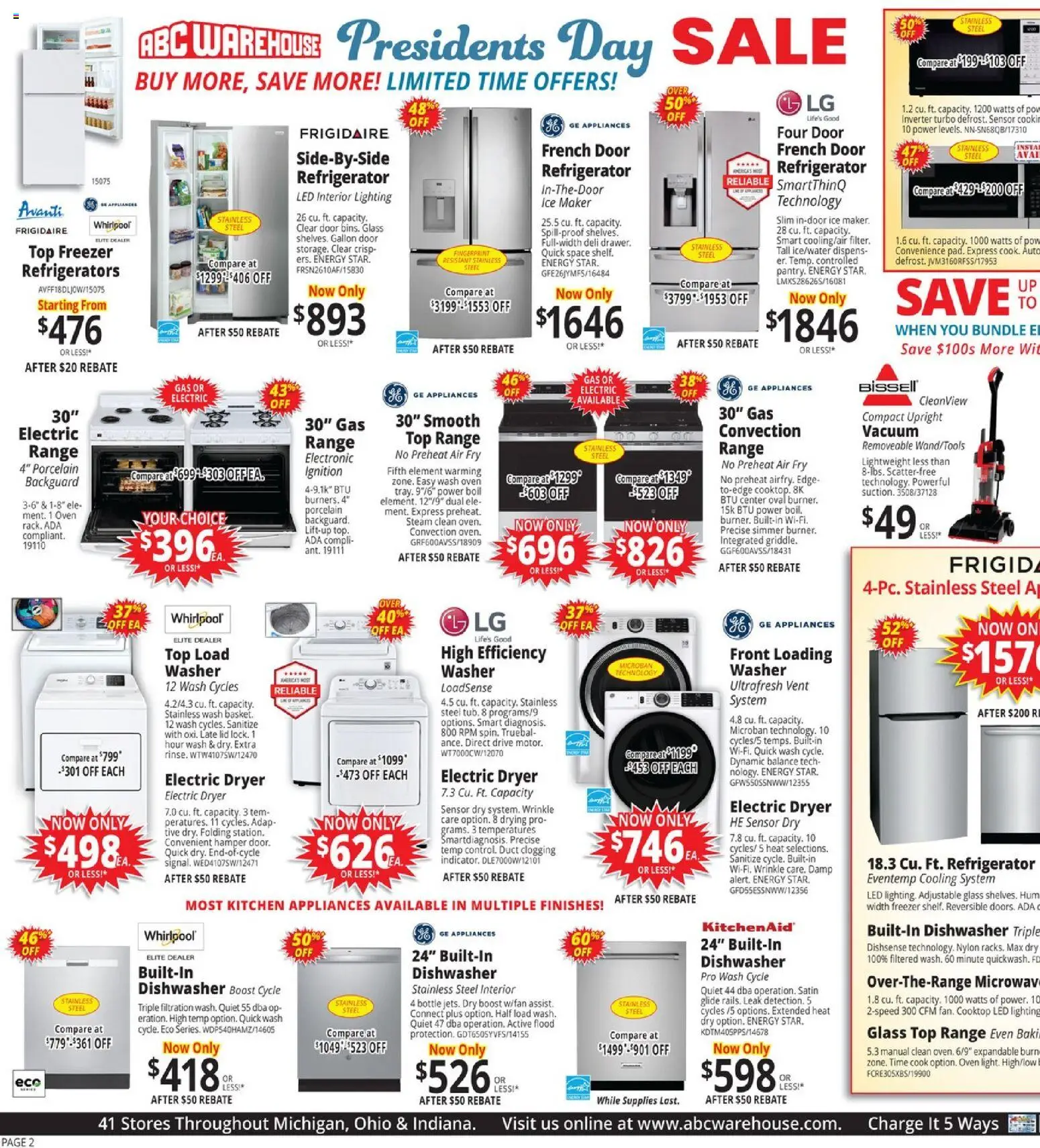 ABC Warehouse Weekly Ad - valid from 15.02.2026 | Page: 2 | Products: Washer, Dryer, Oven, Dishwasher