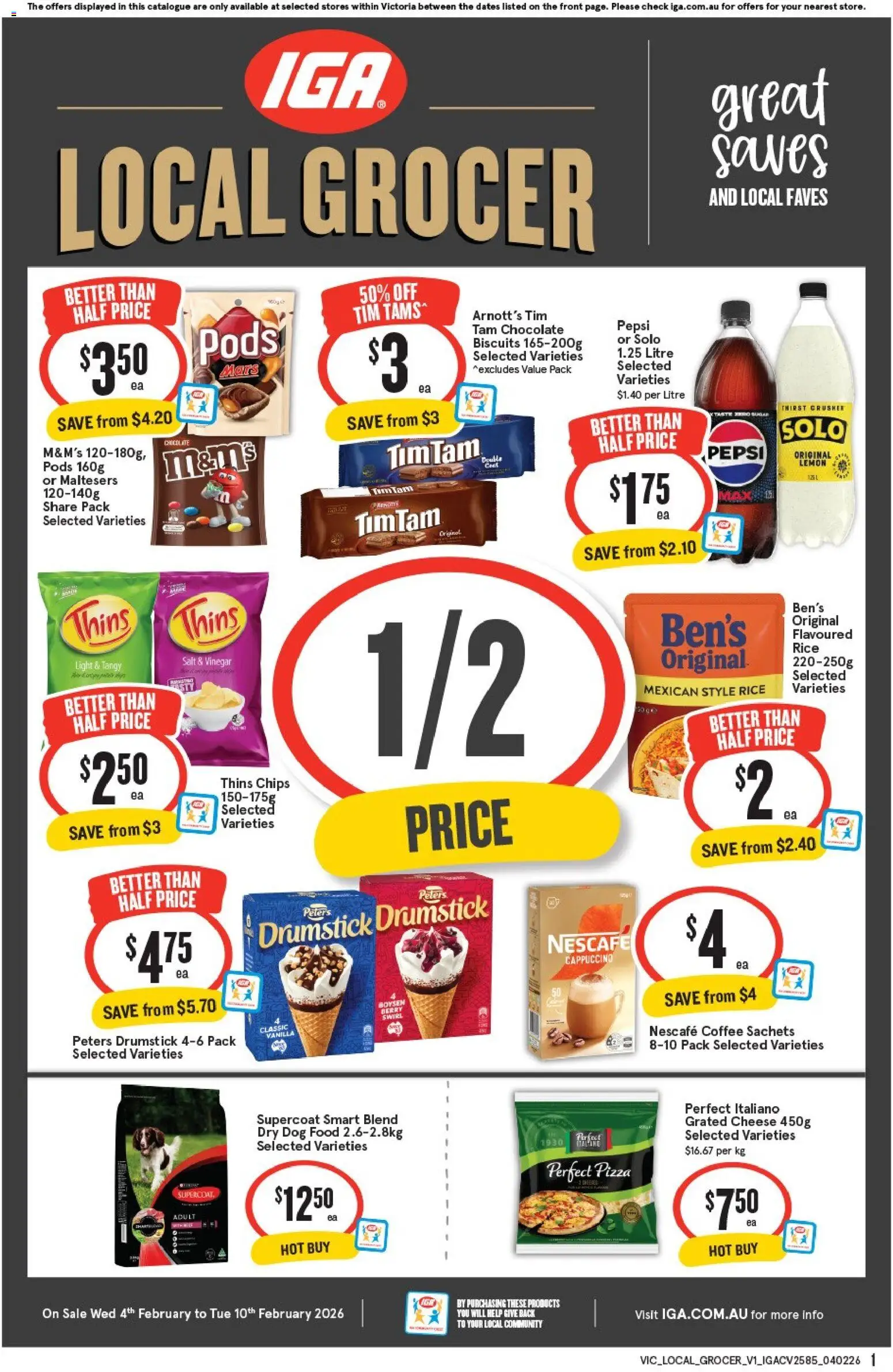 IGA catalogue - valid from 04.02.2026 | Page: 1 | Products: Chocolate, Chips, Dog food, Lemon