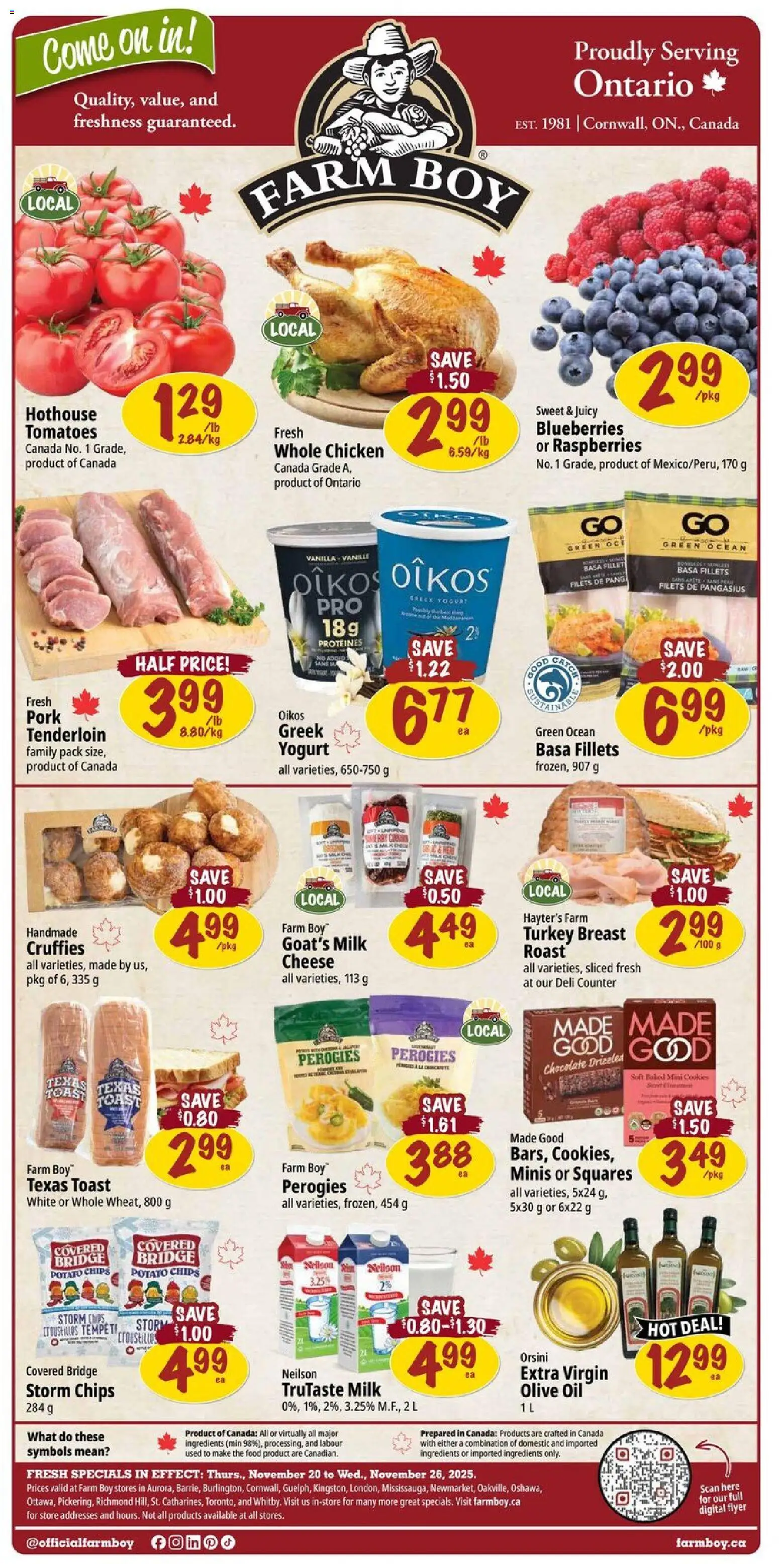 Farm Boy flyer valid from 20.11.2025 | Page: 1 | Products: Milk, Chocolate, Chicken, Pork