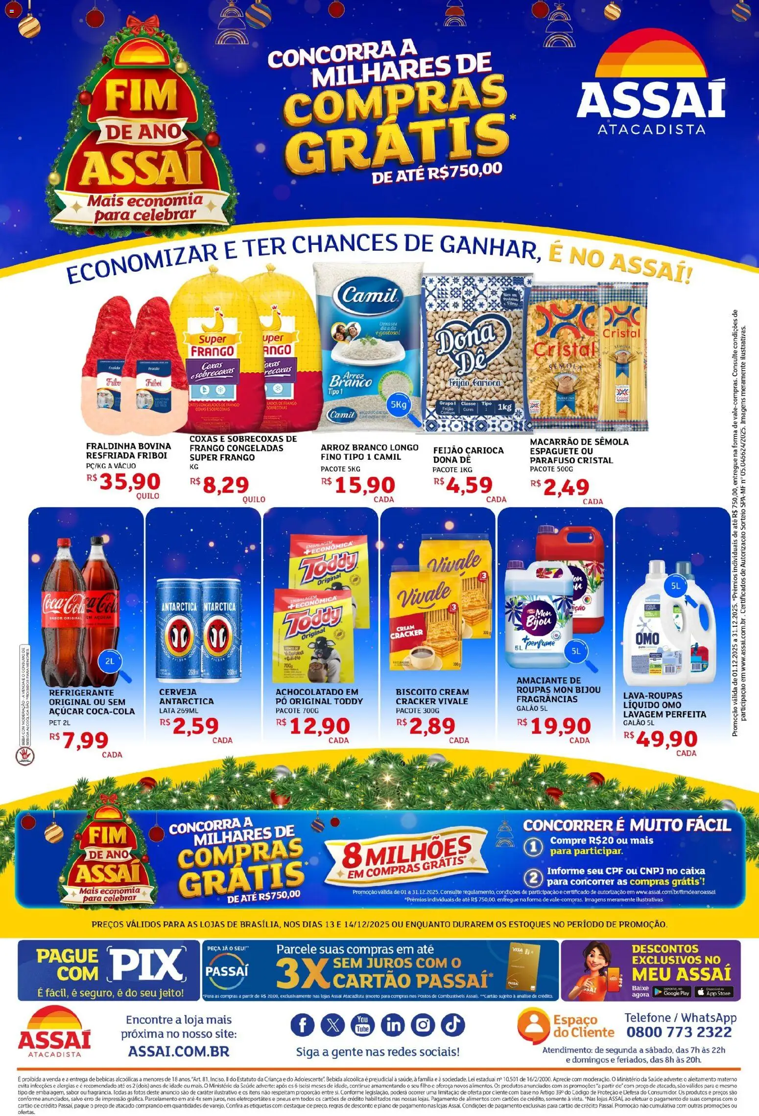 Assaí Atacadista Folheto - válido de 13.12.2025 | Página: 1 | Produtos: Fraldinha, Cálcio, Açúcar, Telefone