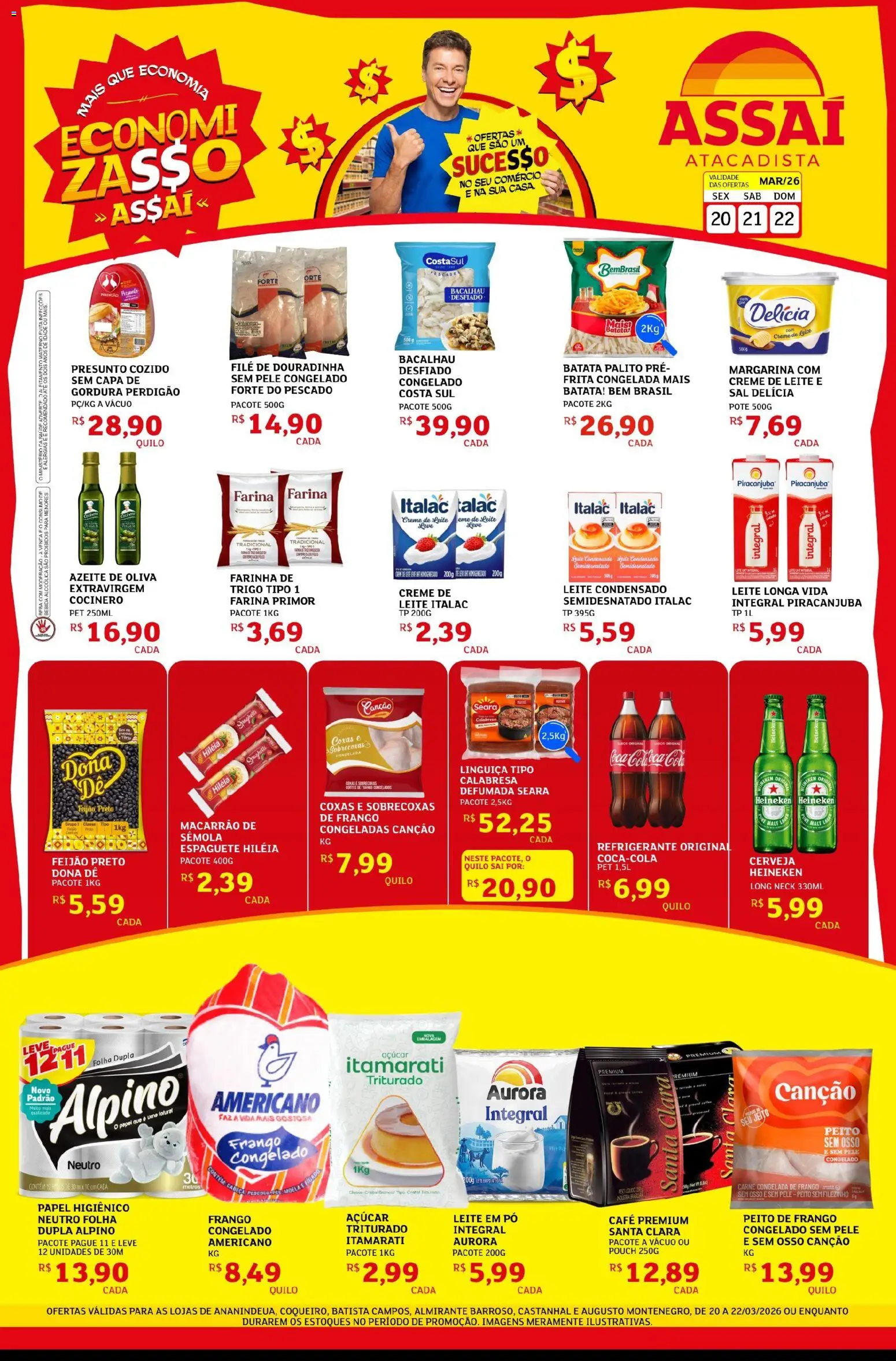 Assaí Atacadista Folheto - válido de 20.03.2026 | Página: 1 | Produtos: Linguiça, Açúcar, Papel higiênico, Leite em pó