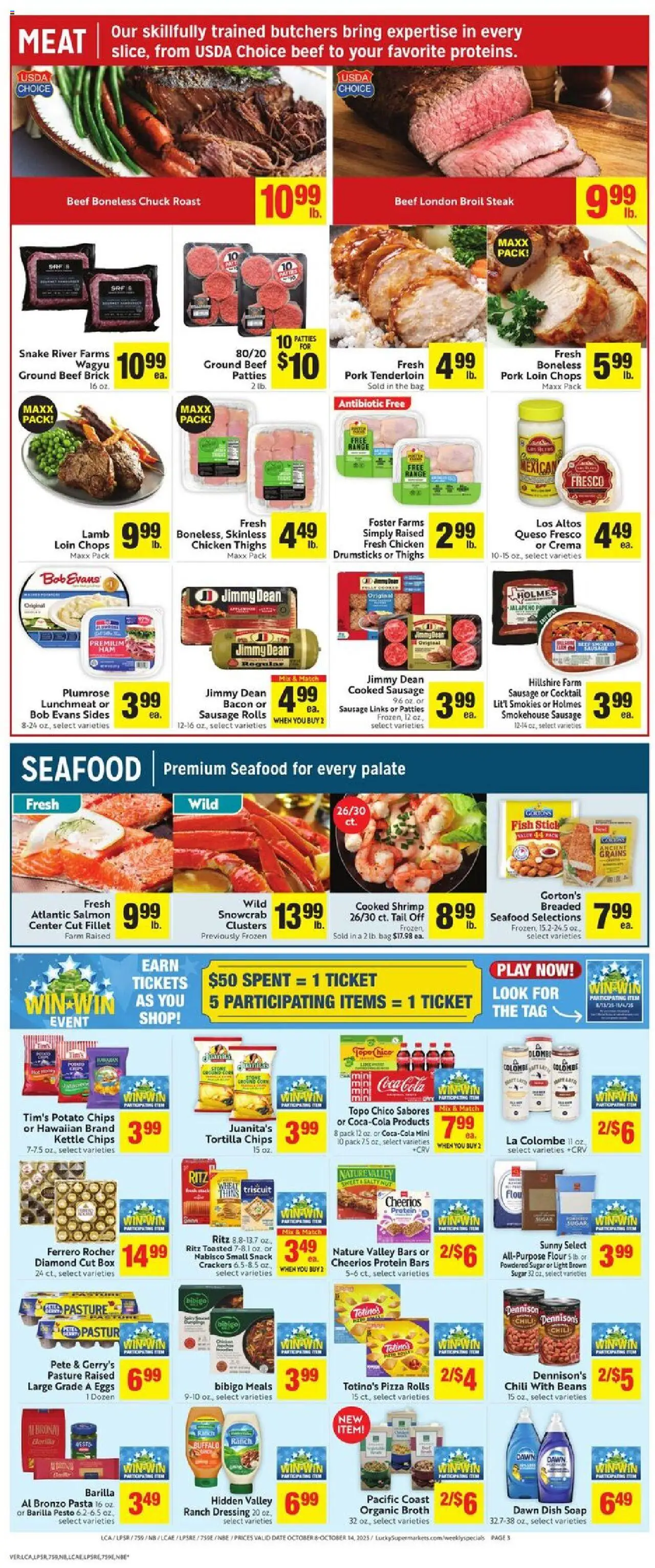 Lucky Supermarkets Weekly Ad - valid from 08.10.2025 | Page: 3 | Products: Pork, Fish, Seafood, Sausage