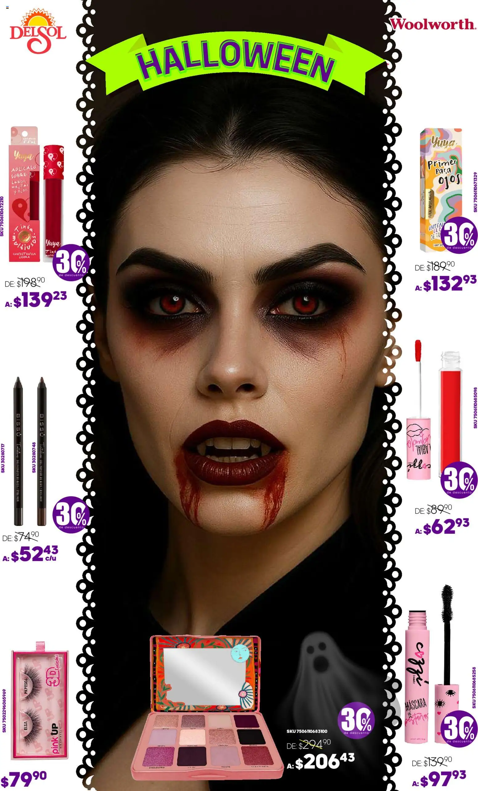 Nuevas ofertas de Del Sol y Woolworth válidas en toda la República Mexicana desde el 23.10.2025. ¡Encuentra las mejores ofertas en Del Sol y Woolworth - Catálogo Halloween! | Página: 5 | Productos: Máscara, Delineador de ojos, Delineador