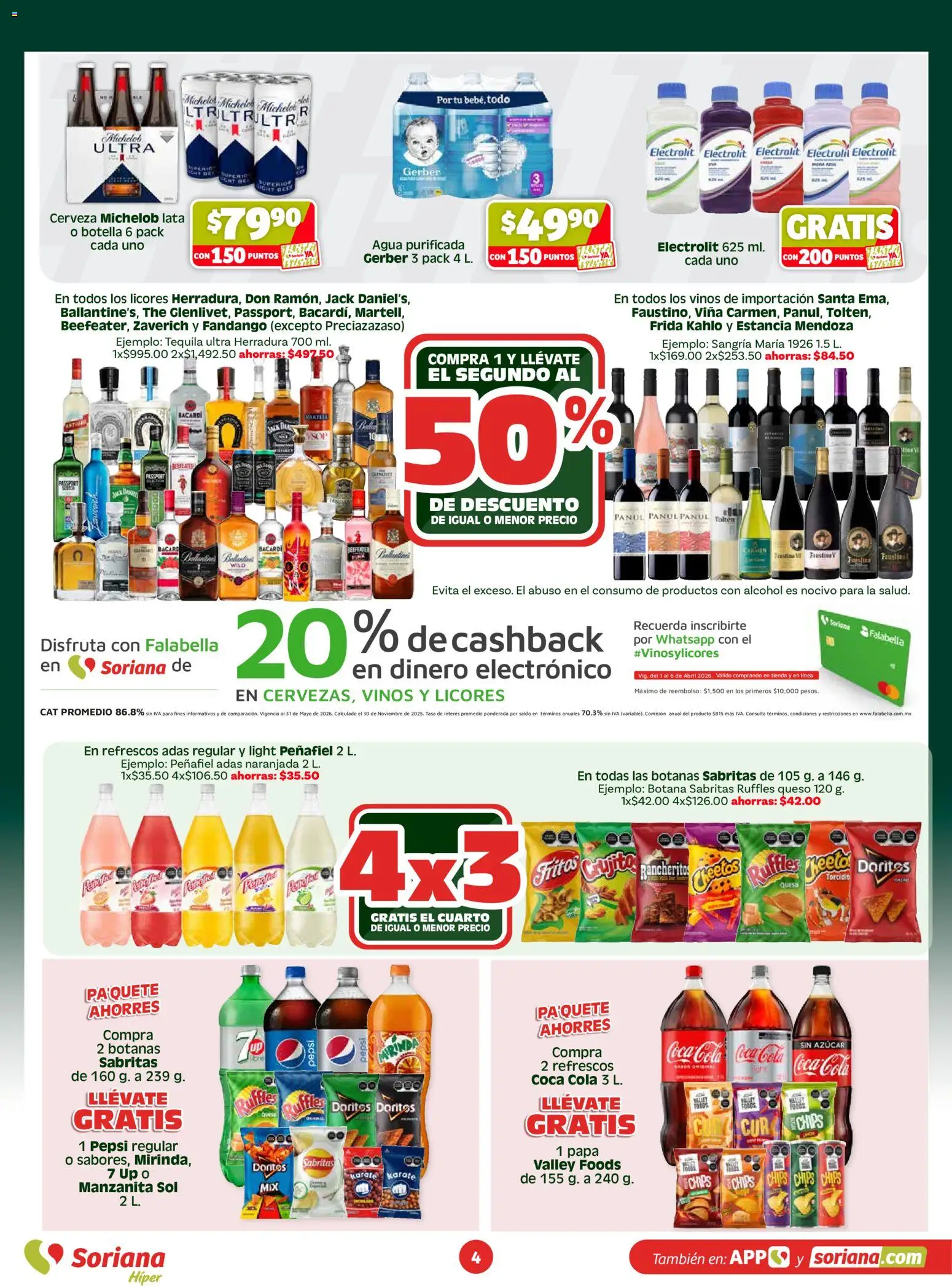 Nuevas ofertas de Soriana válidas en toda la República Mexicana desde el 07.04.2026. ¡Encuentra las mejores ofertas en Soriana folleto! | Página: 4 | Productos: Papa, Agua, Queso, Tequila