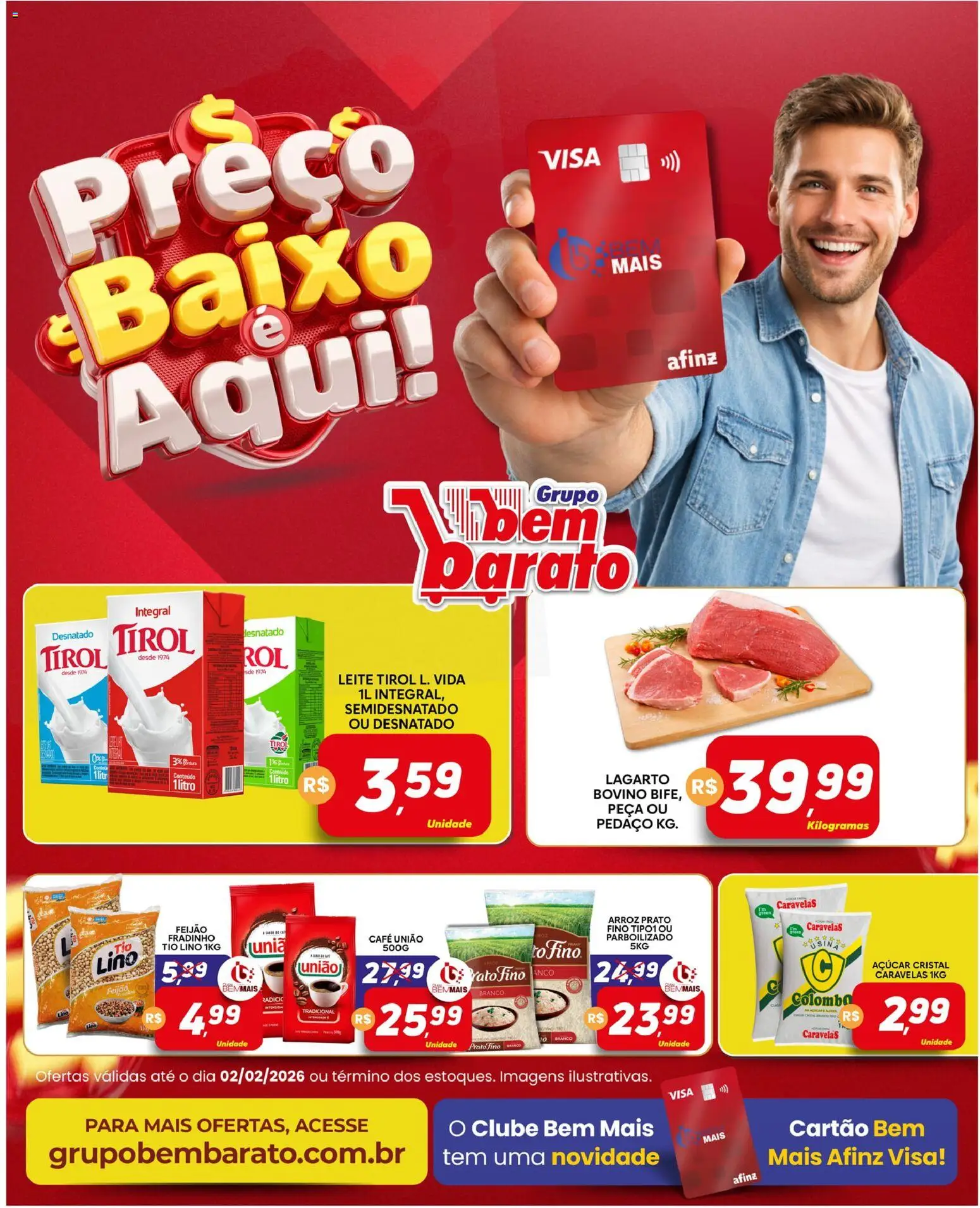 Supermercado Bem Barato Folheto - válido de 27.01.2026 | Página: 1 | Produtos: Leite, Café, Arroz, Açúcar