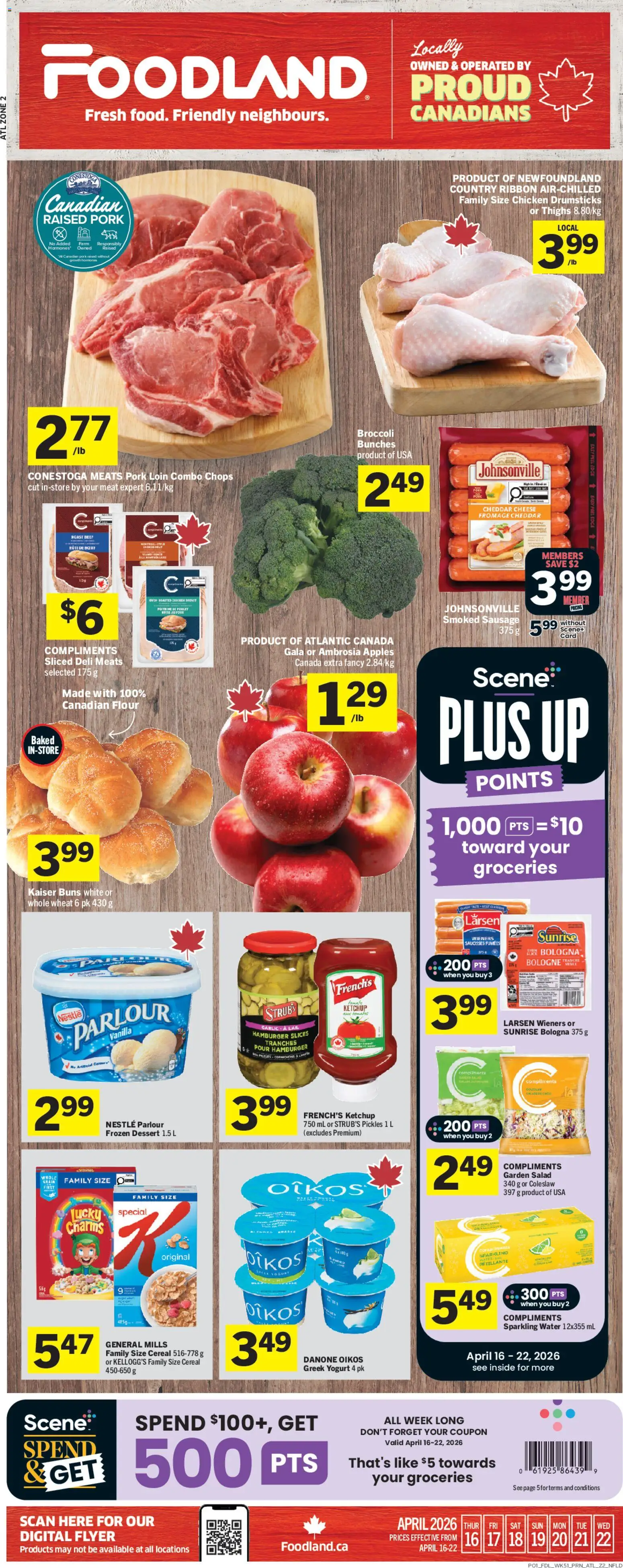 Foodland flyer valid from 16.04.2026 | Page: 1 | Products: Salad, Yogurt, Pork, Apples