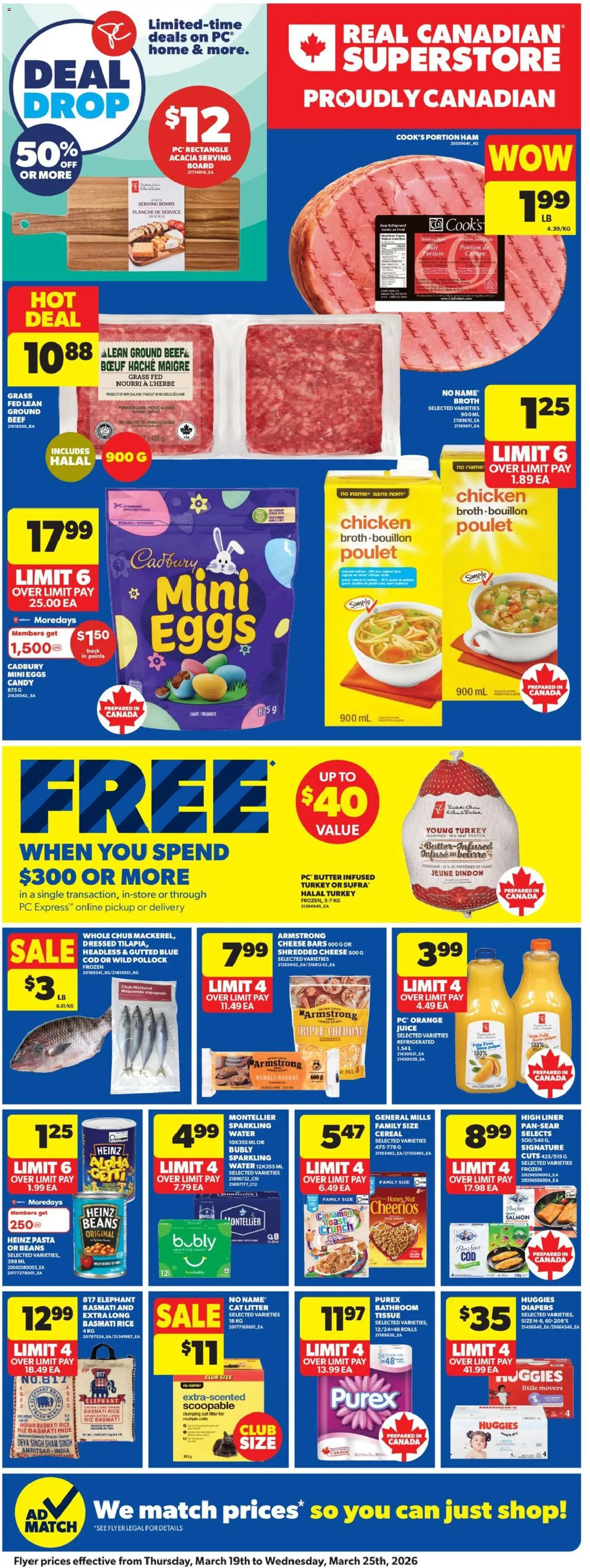 Real Canadian Superstore flyer valid from 19.03.2026 | Page: 3 | Products: Cheese, Ham, Bra, Chicken