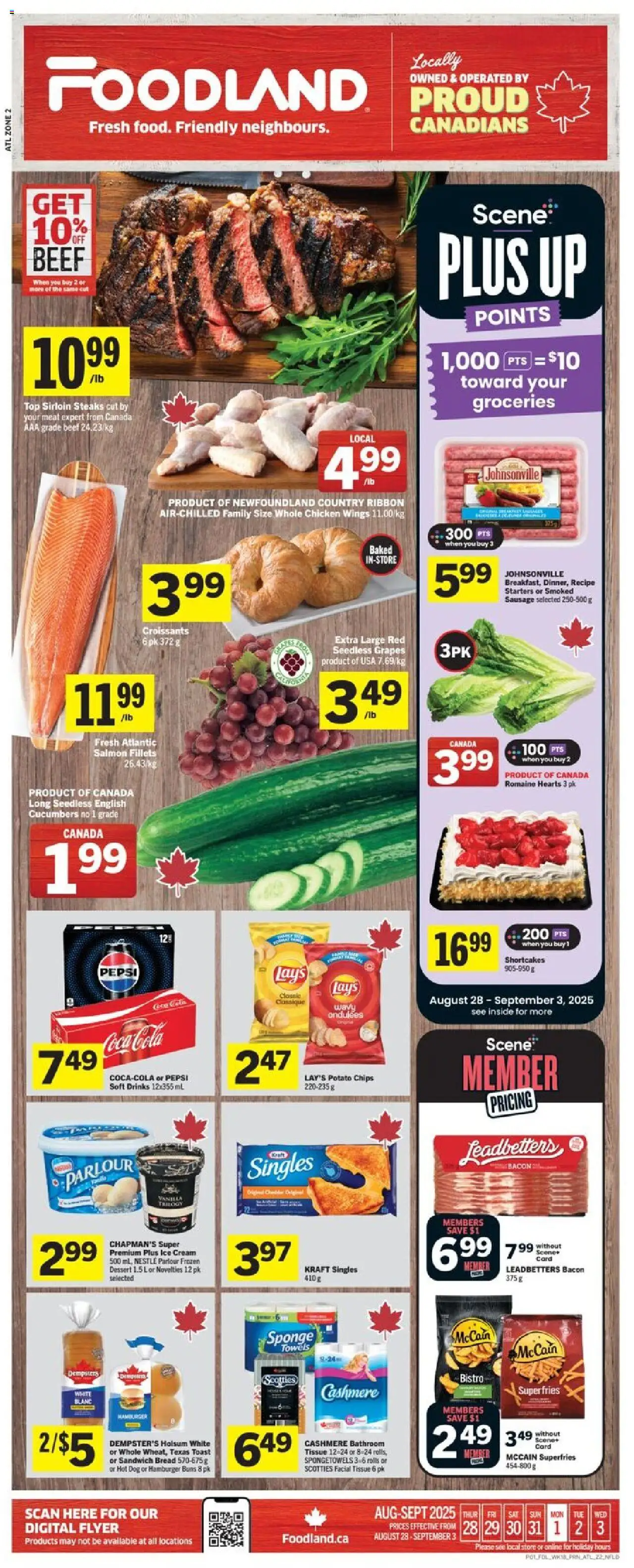 Foodland flyer valid from 28.08.2025 | Page: 1 | Products: Chips, Ice cream, Chicken wings, Bread