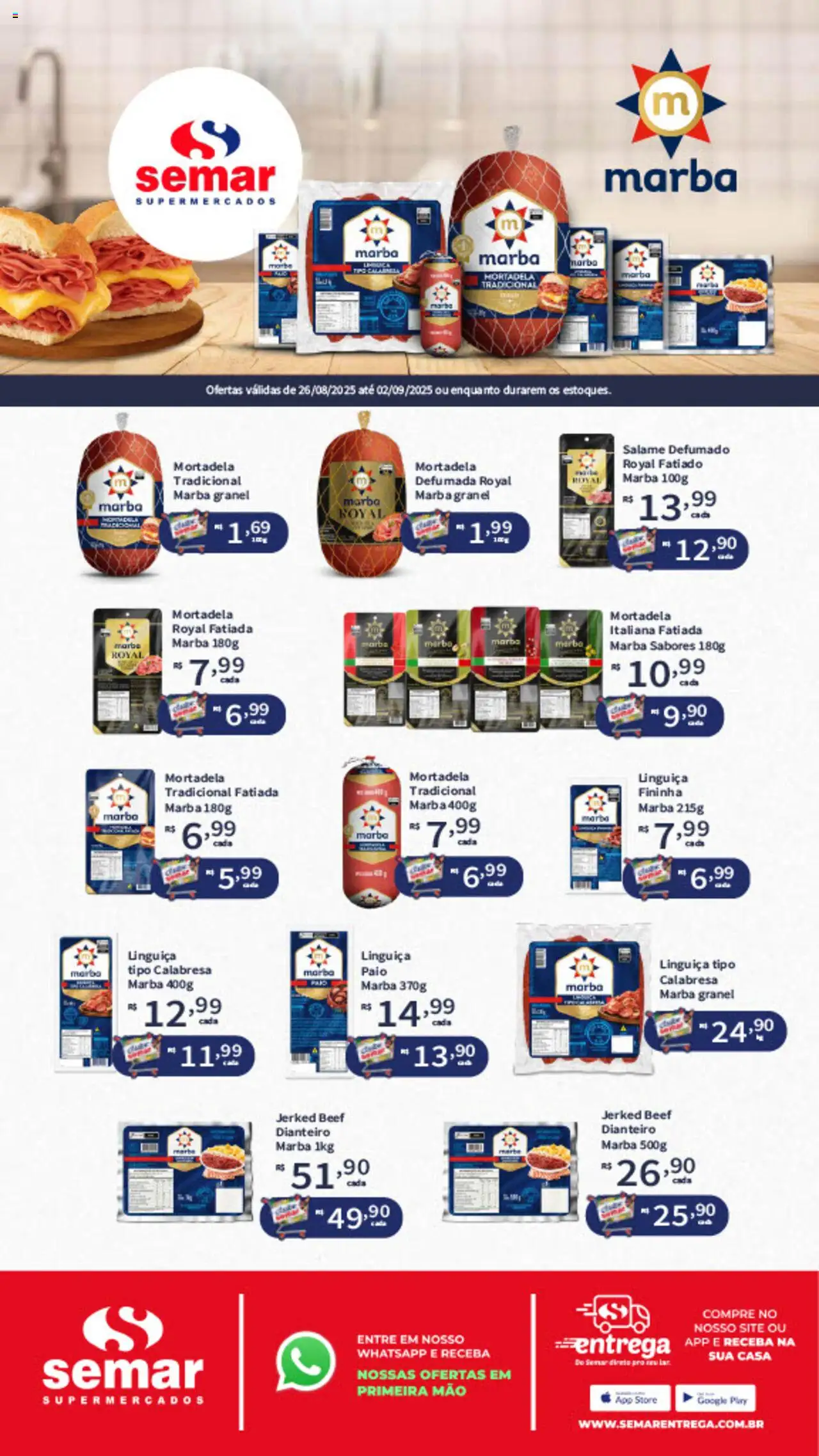 Semar Supermercado Folheto - válido de 26.08.2025 | Página: 1 | Produtos: Linguiça, Salame, Mortadela
