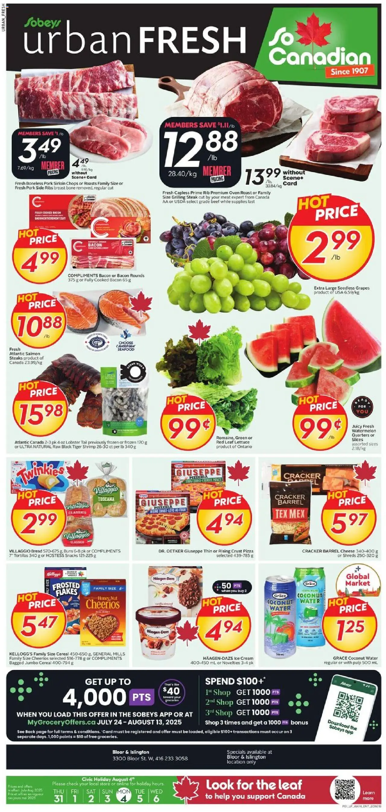 Sobeys flyer valid from 31.07.2025 | Page: 1 | Products: Beef, Bread, Pizza, Pork