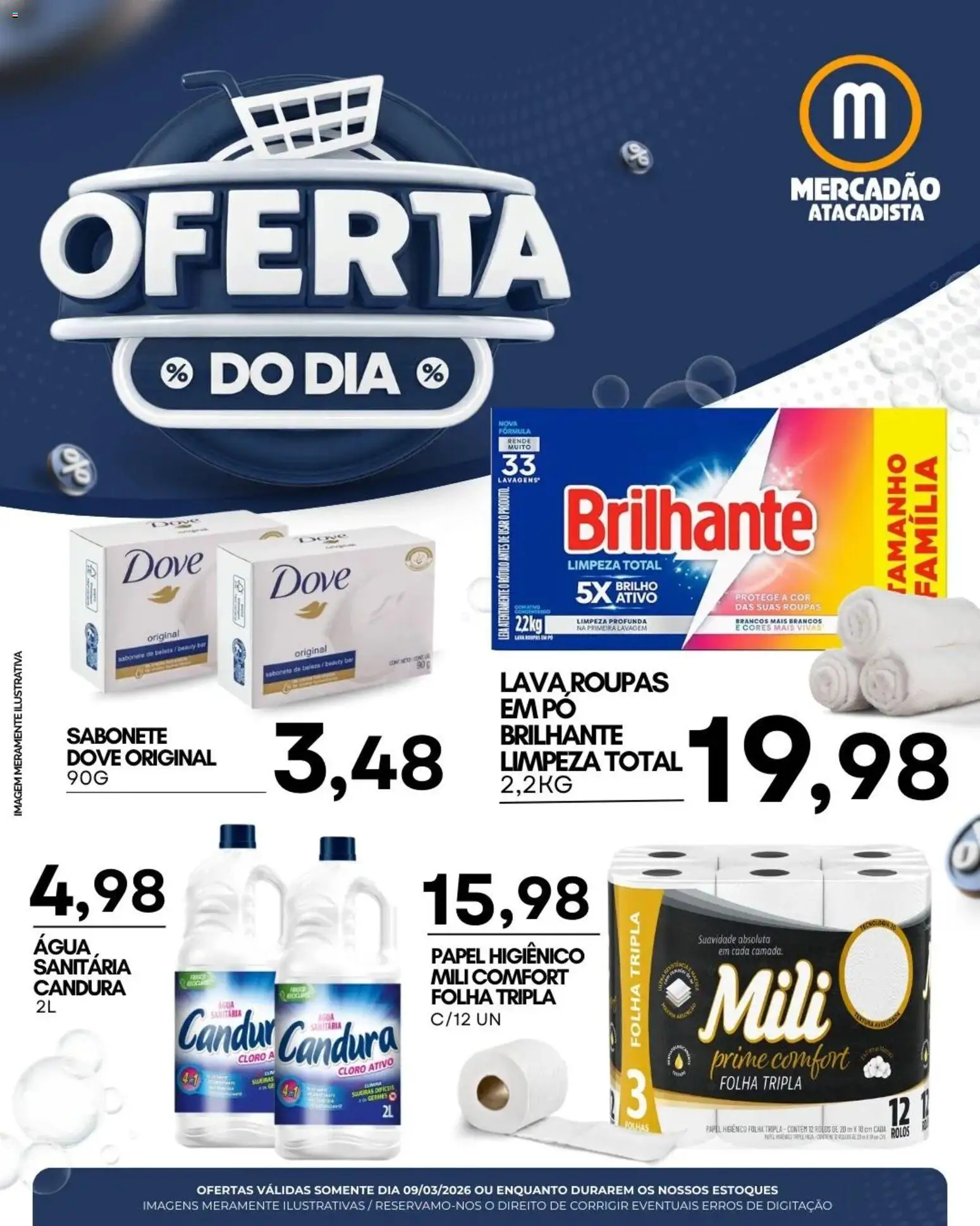 Mercadão Atacadista Folheto - válido de 09.03.2026 | Página: 1 | Produtos: Cloro, Roupas, Dove, Papel higiênico