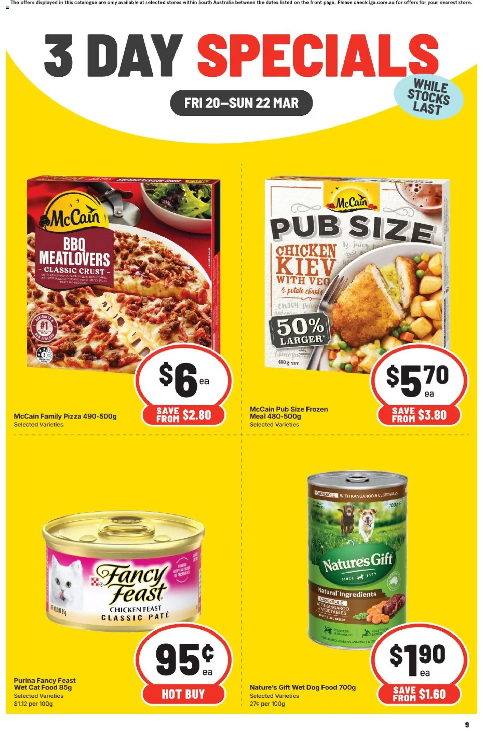 IGA catalogue - valid from 20.03.2026 | Page: 3 | Products: Pizza, Chicken, Dog food, Vegetables