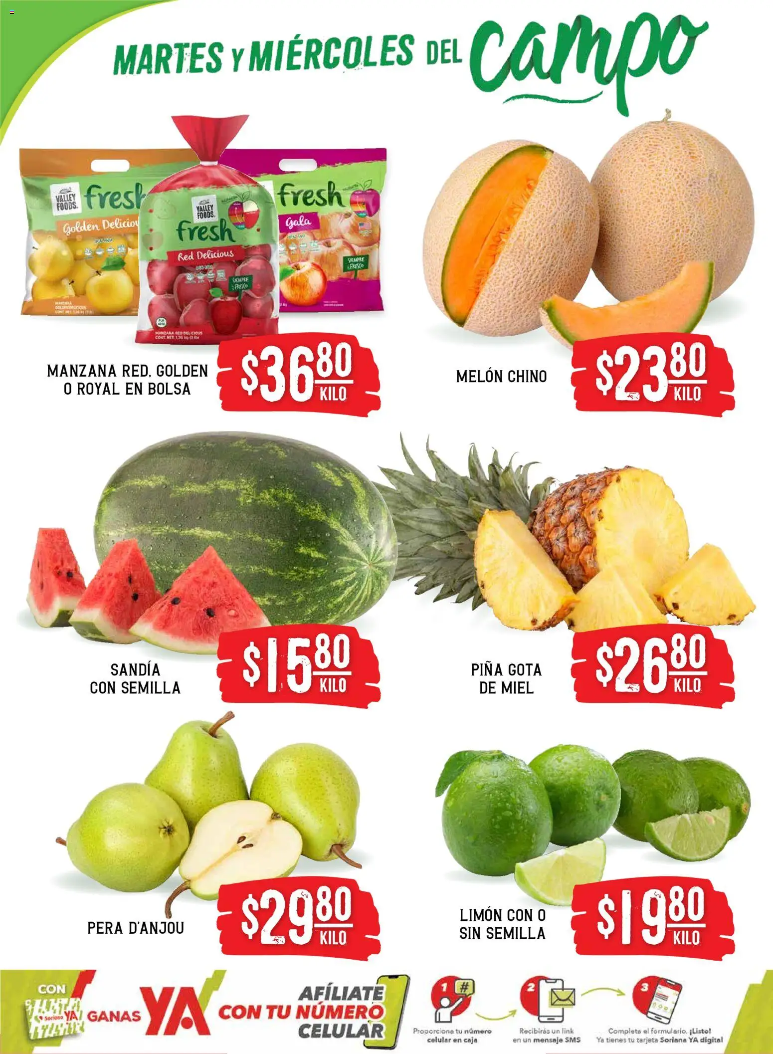 Nuevas ofertas de Soriana válidas en toda la República Mexicana desde el 18.11.2025. ¡Encuentra las mejores ofertas en Soriana - Martes y Miércoles del Campo Híper: Ver, Tab, Chis, Camp, Yuc y Q. Roo! | Página: 2 | Productos: Pera, Melón, Manzana, Caja