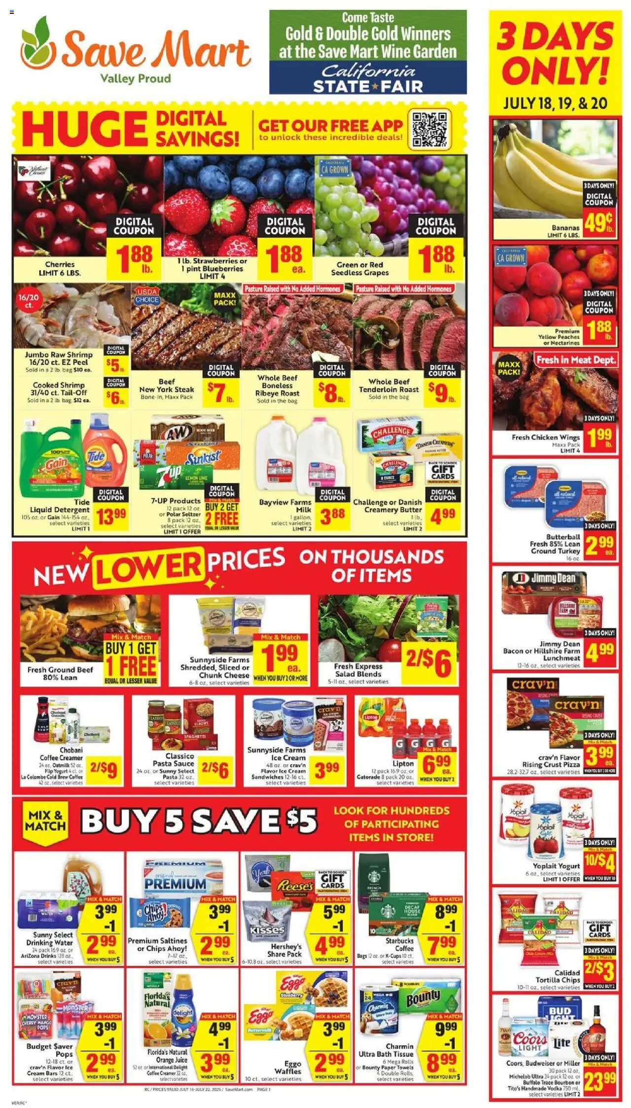 Save Mart Weekly - CA - valid from 16.07.2025 | Page: 1 | Products: Cheese, Pizza, Juice, Strawberries